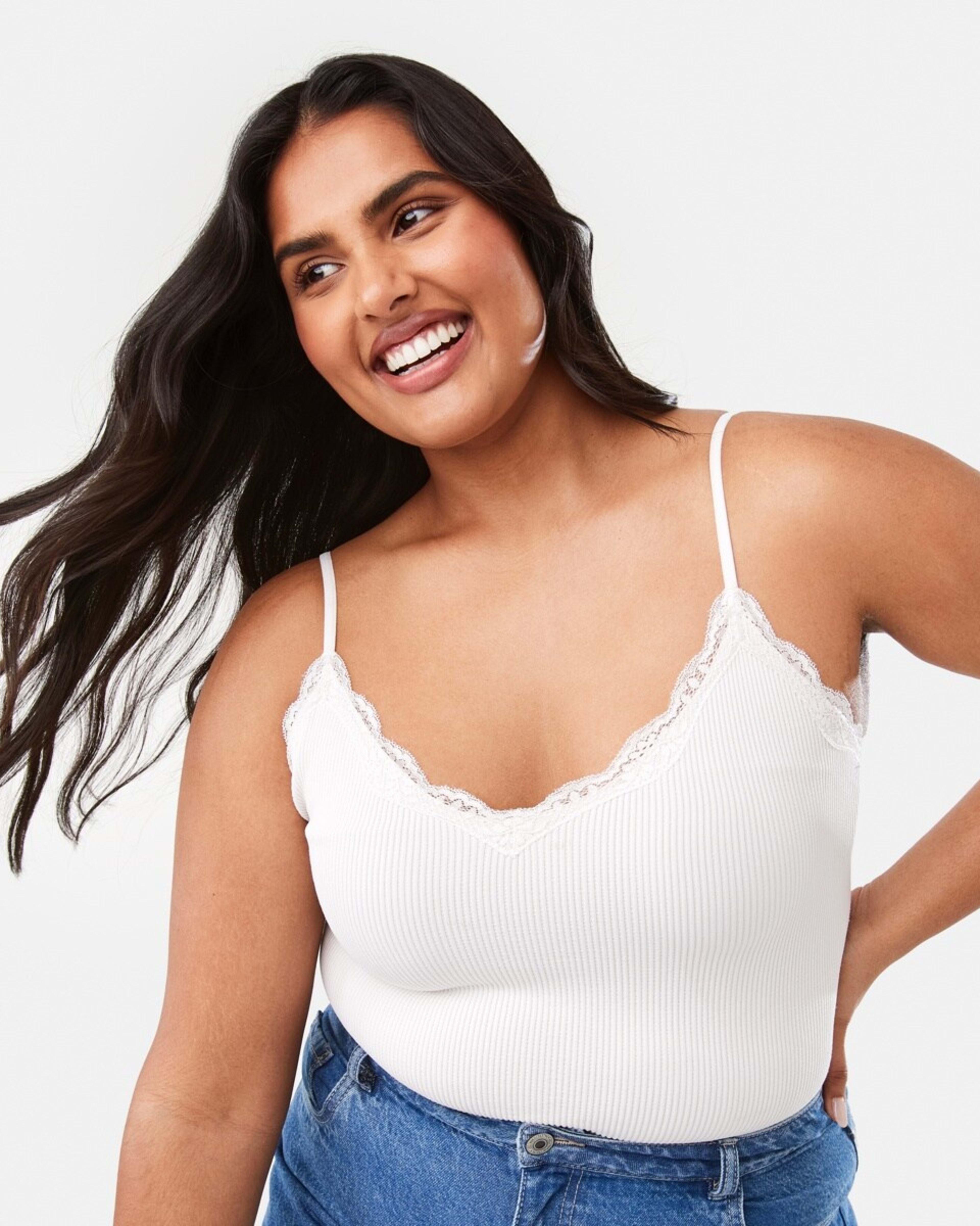 3 Sleeveless Rib Lace Trim Bodysuit Ecru, 3 of 9