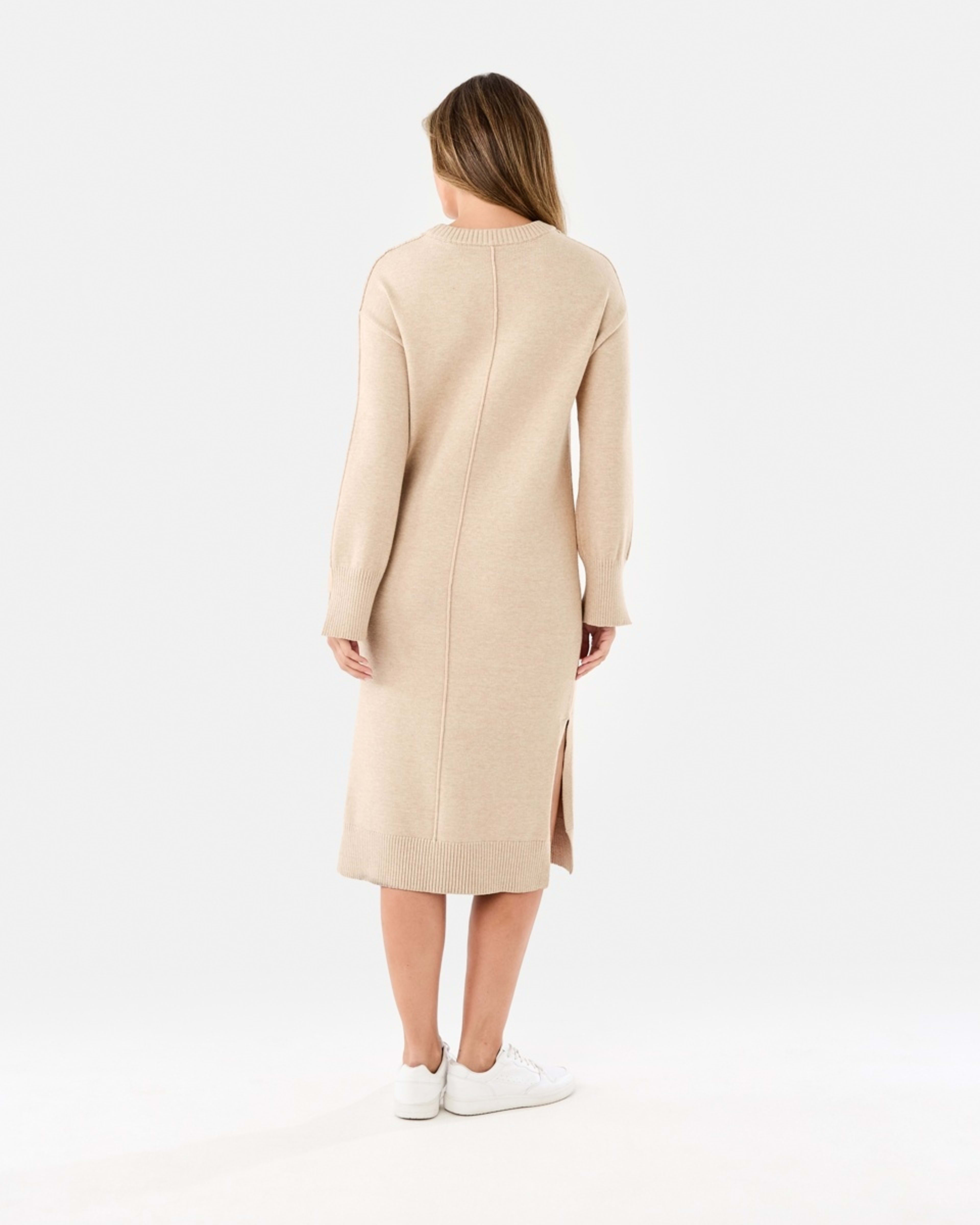 3 Long Sleeve Crew Neck Seam Detail True Knit Midi Dress Beige Marl, 3 of 6