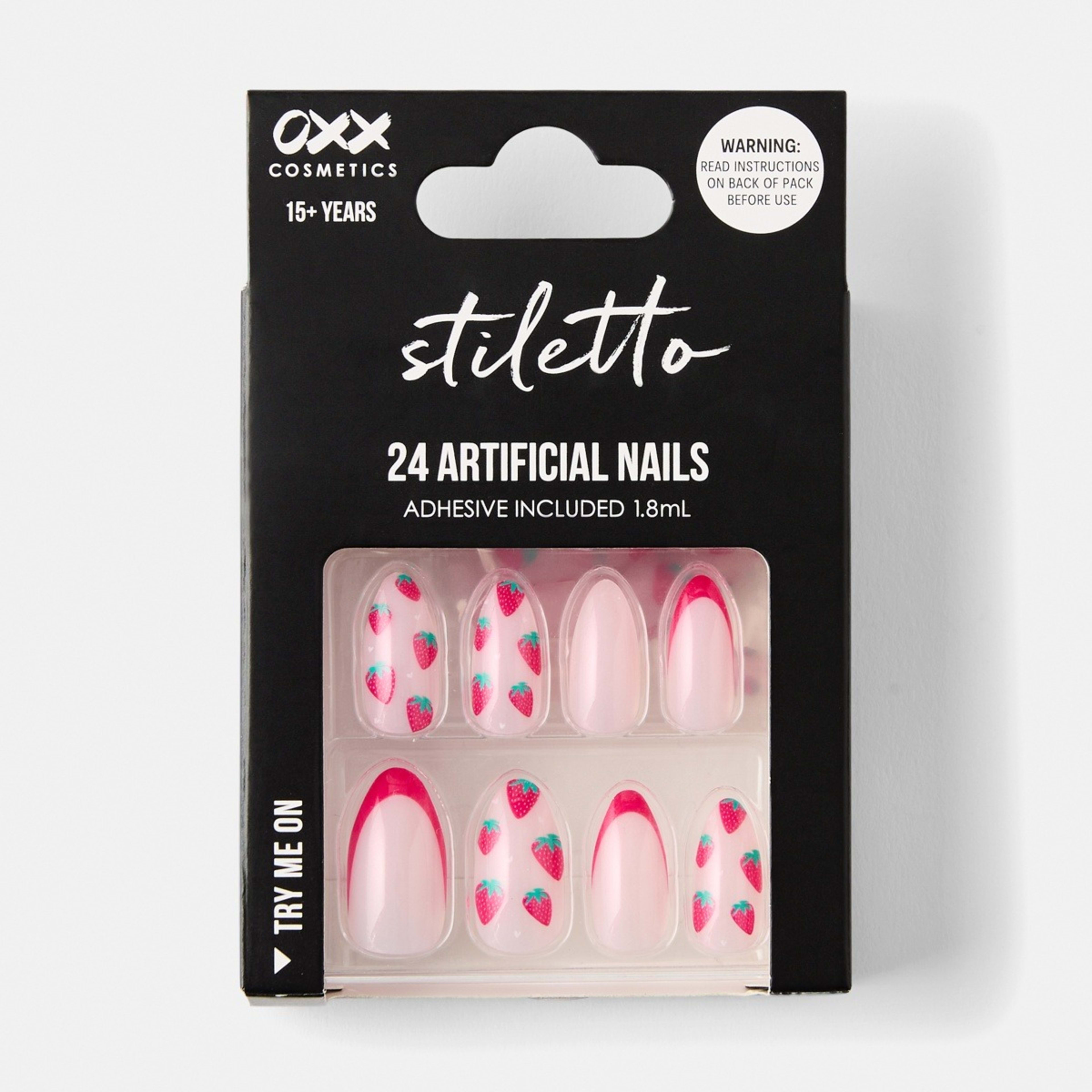 1 OXX Cosmetics 24 Pack Artificial Nails with Adhesive - Stiletto Shape, Strawberry Glaze