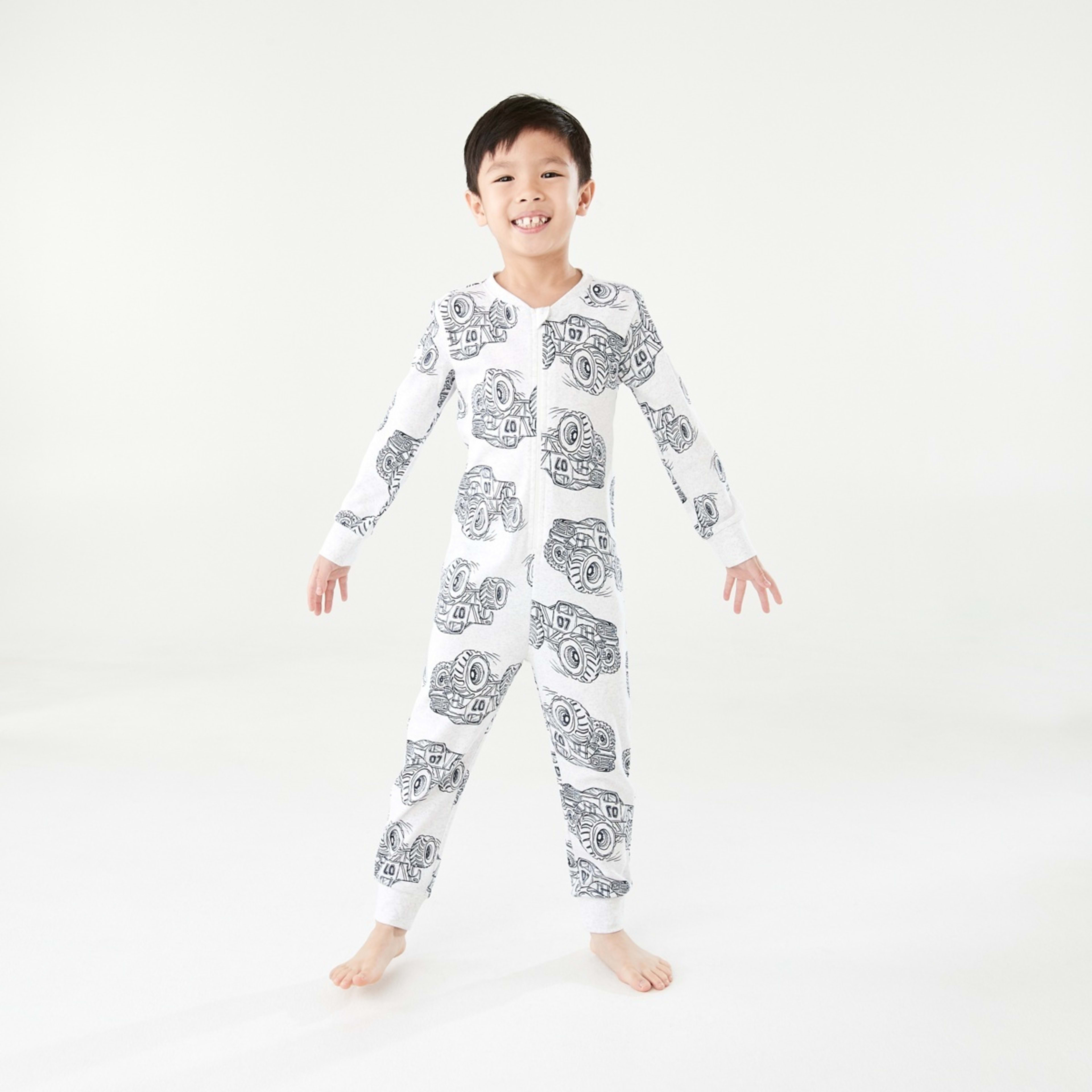 1 Ribbed All-In-One Sleepsuit White Marle Monster Truck, 1 of 9