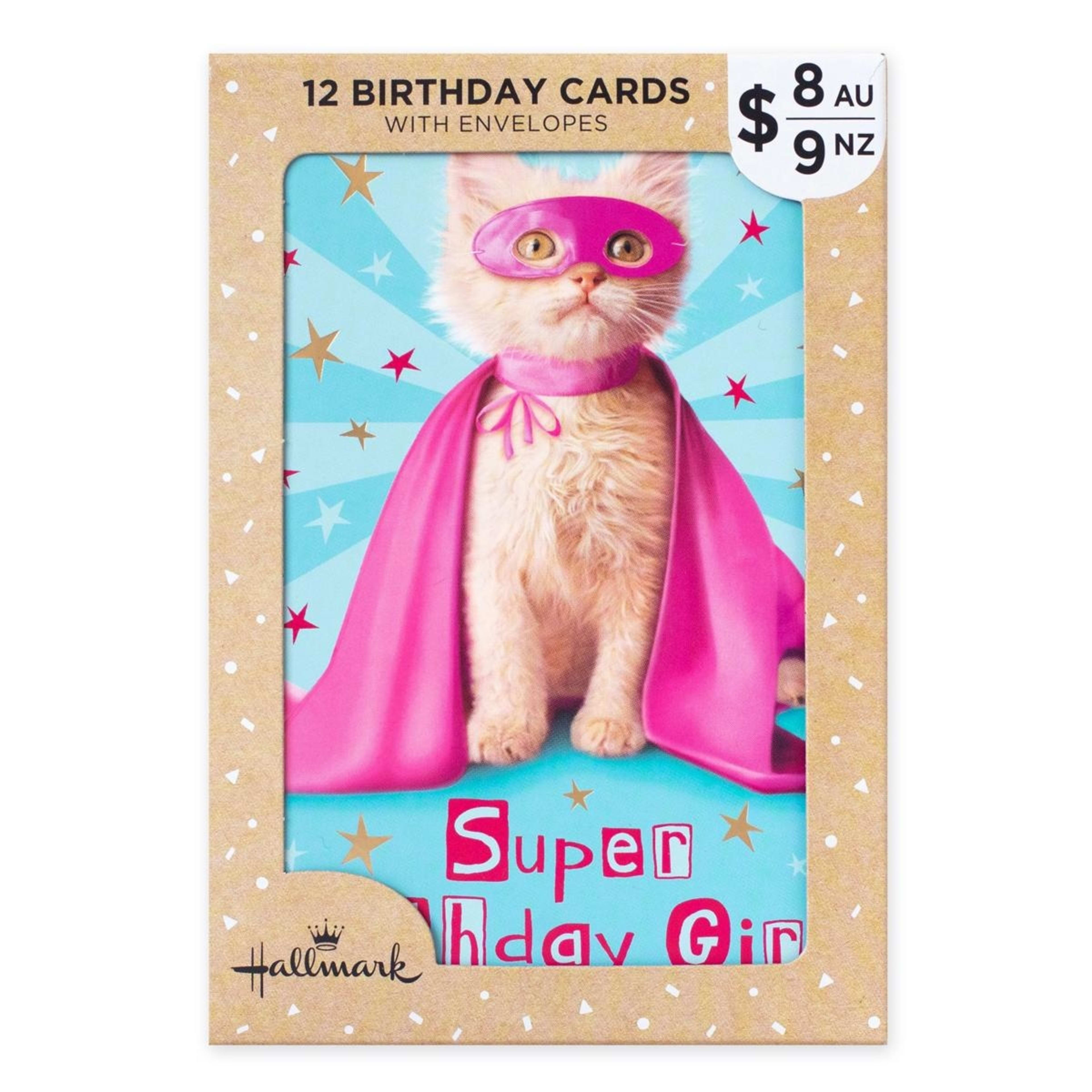 1 12 Pack Hallmark Birthday Cards - Super Cat and Birthday Girl