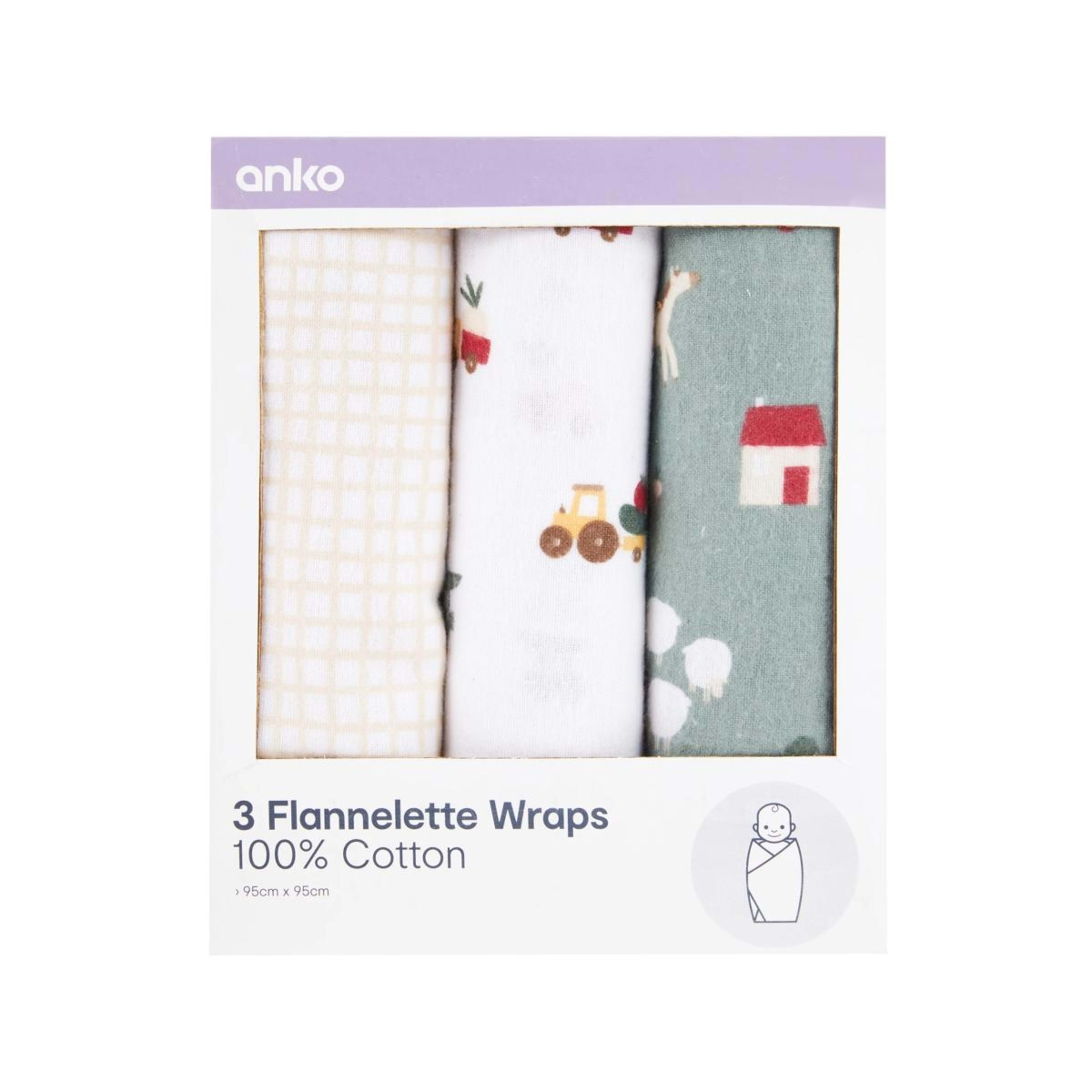 1 3 Pack Cotton Flannelette Wraps - Farm, 1 of 7