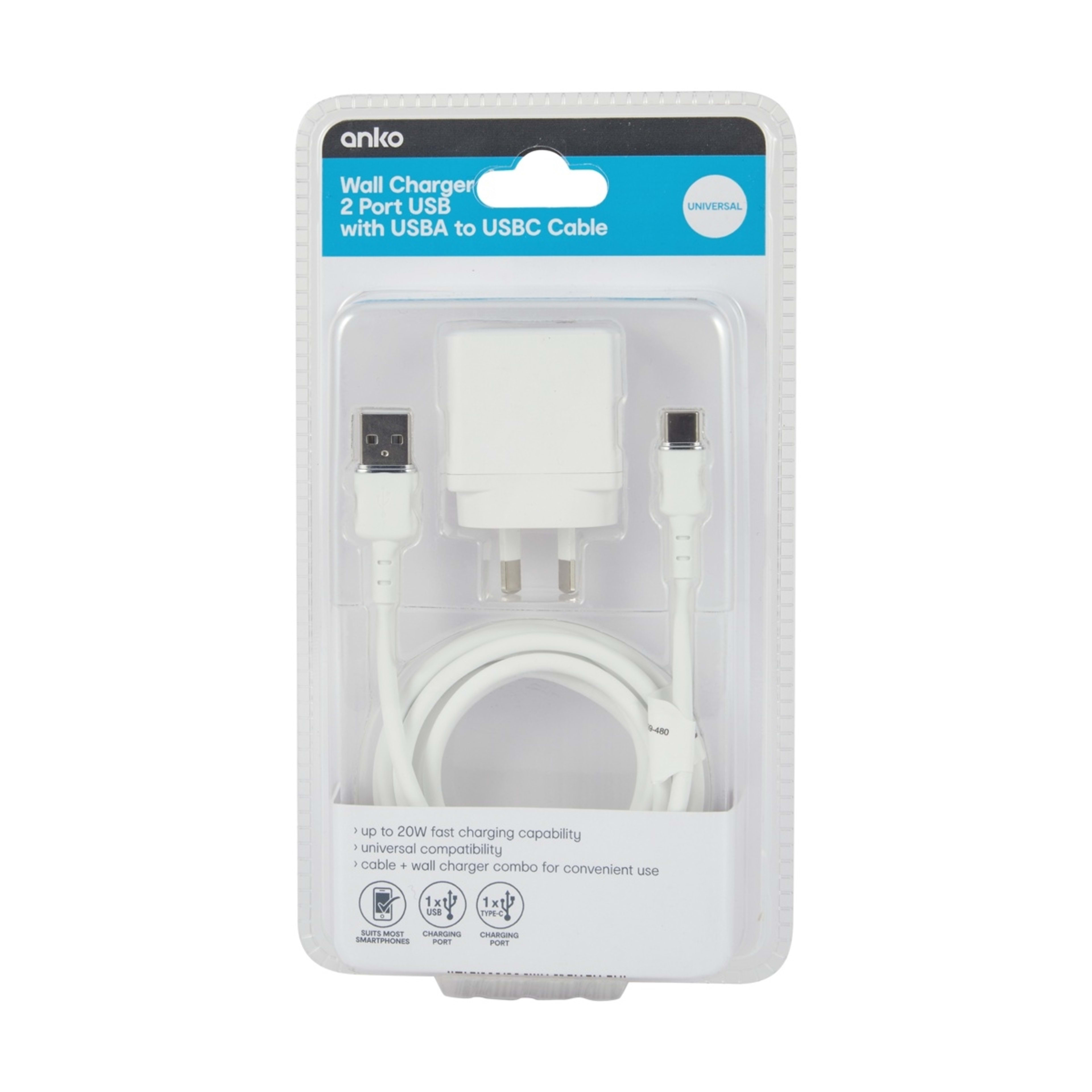 6 Wall USB Charger with USB-A to USB-C - White, 6 of 7
