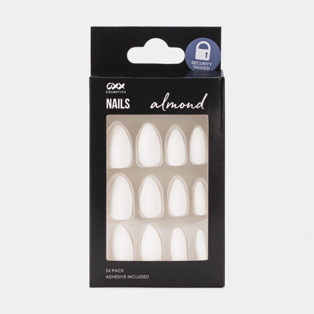 OXX Cosmetics 24 Pack Artificial Nails with Adhesive Almond Shape White Matte