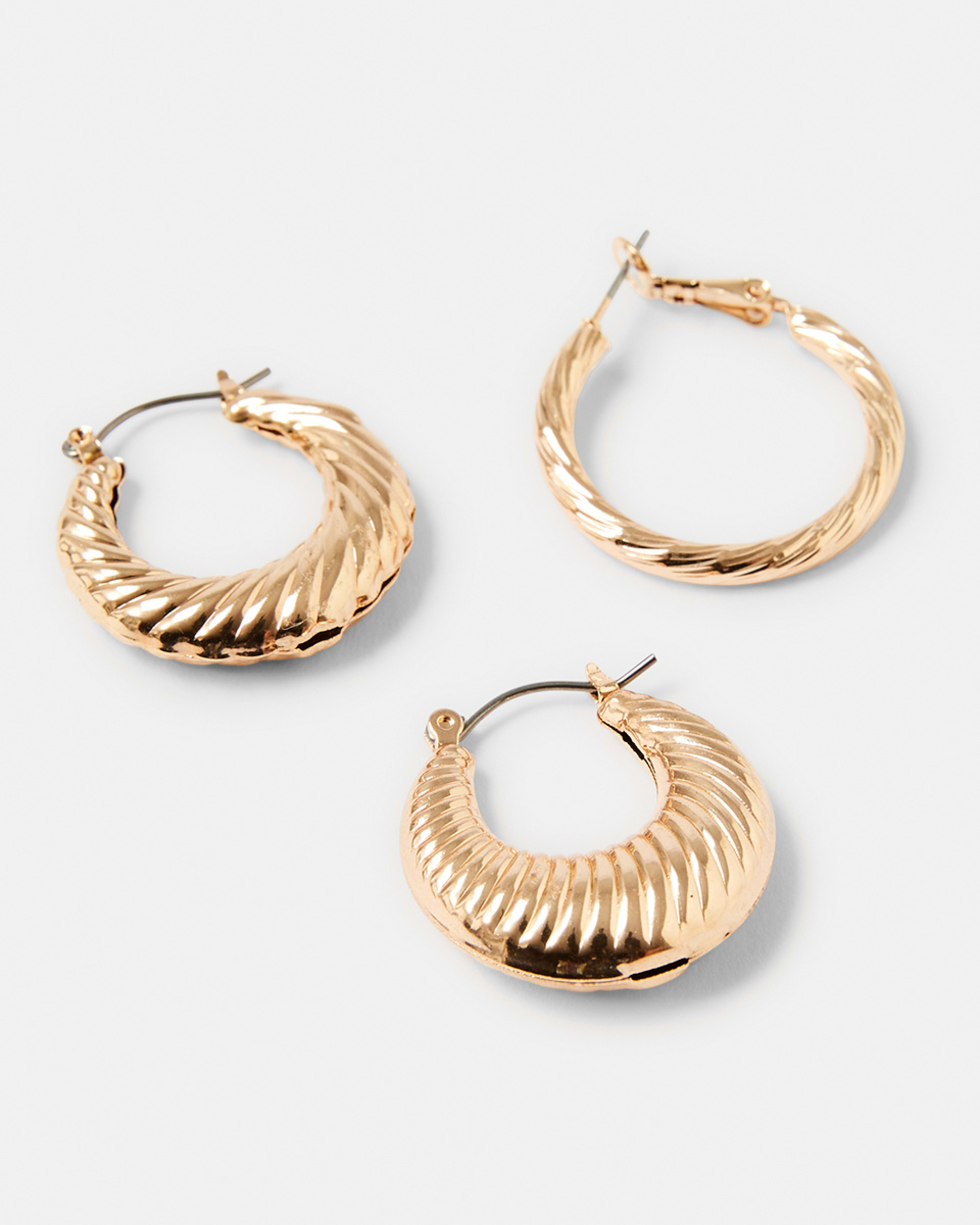 2 3 Pack Textured Hoop Earrings Gold, 2 of 7