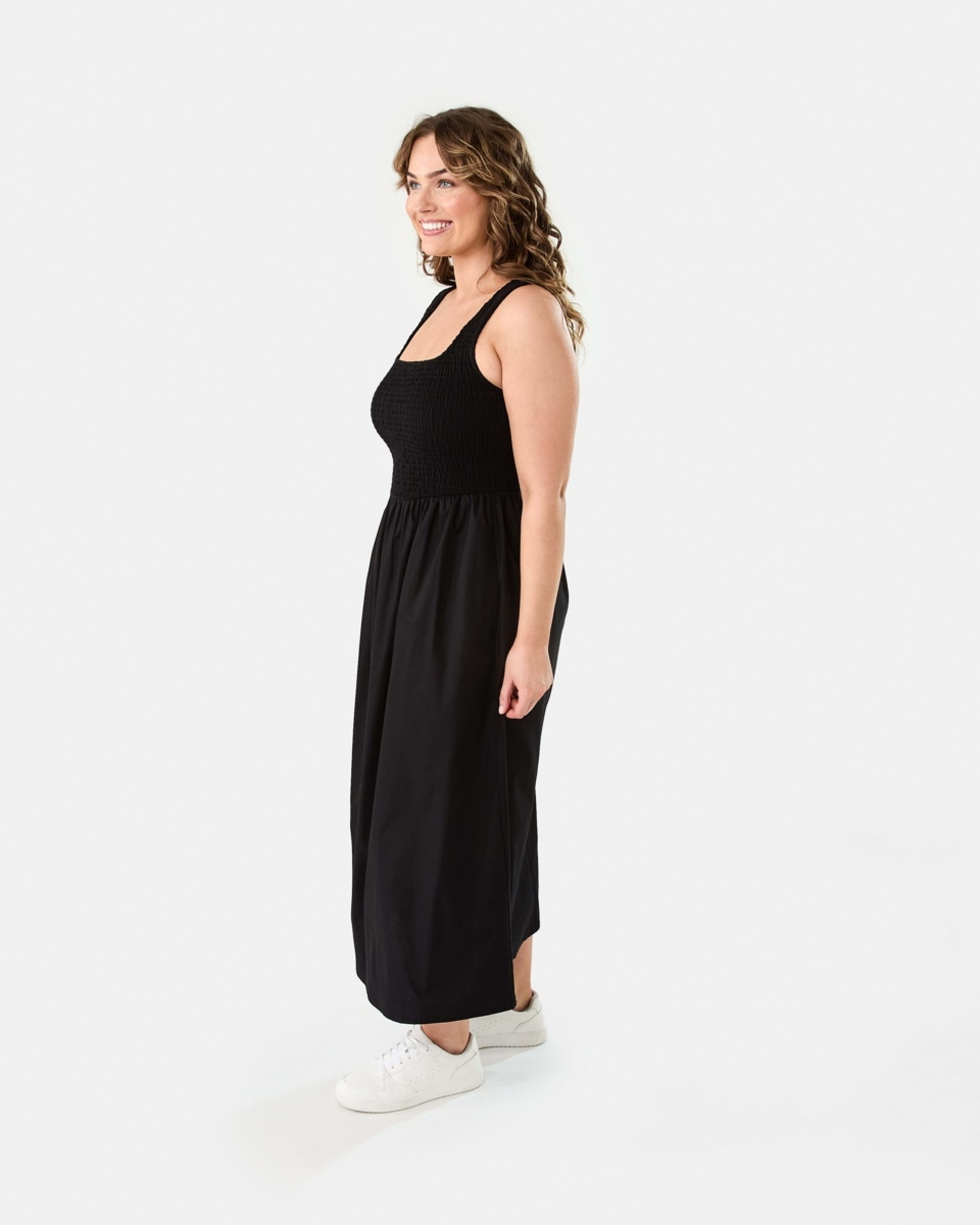 3 Sleeveless Shirred Knit Woven Midi Dress BLACK, 3 of 8
