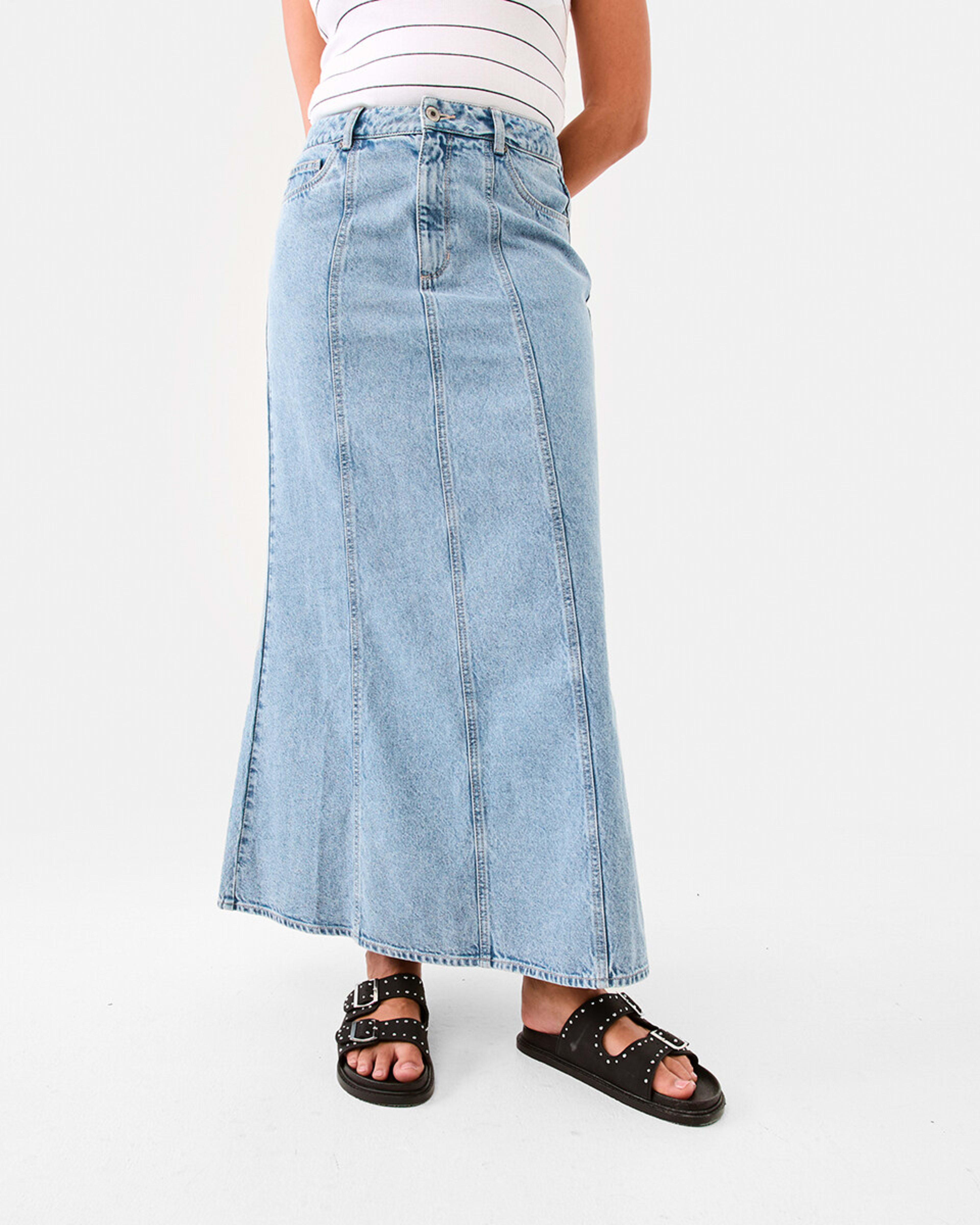 1 Panelled Denim Maxi Skirt Mid Wash