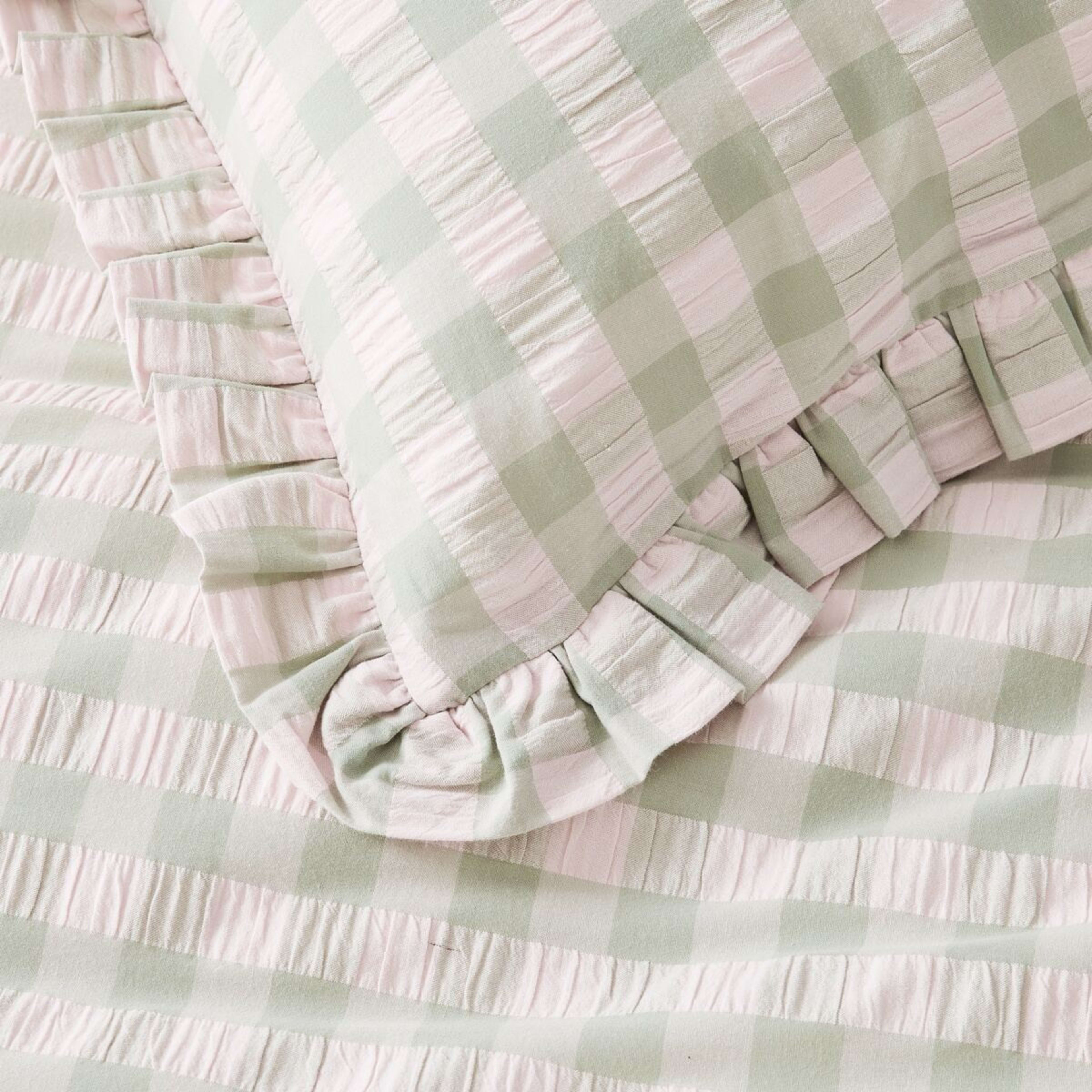 4 Gingham Ruffle Cotton Quilt Cover Set - Double Bed, Sage and Pink, 4 of 6