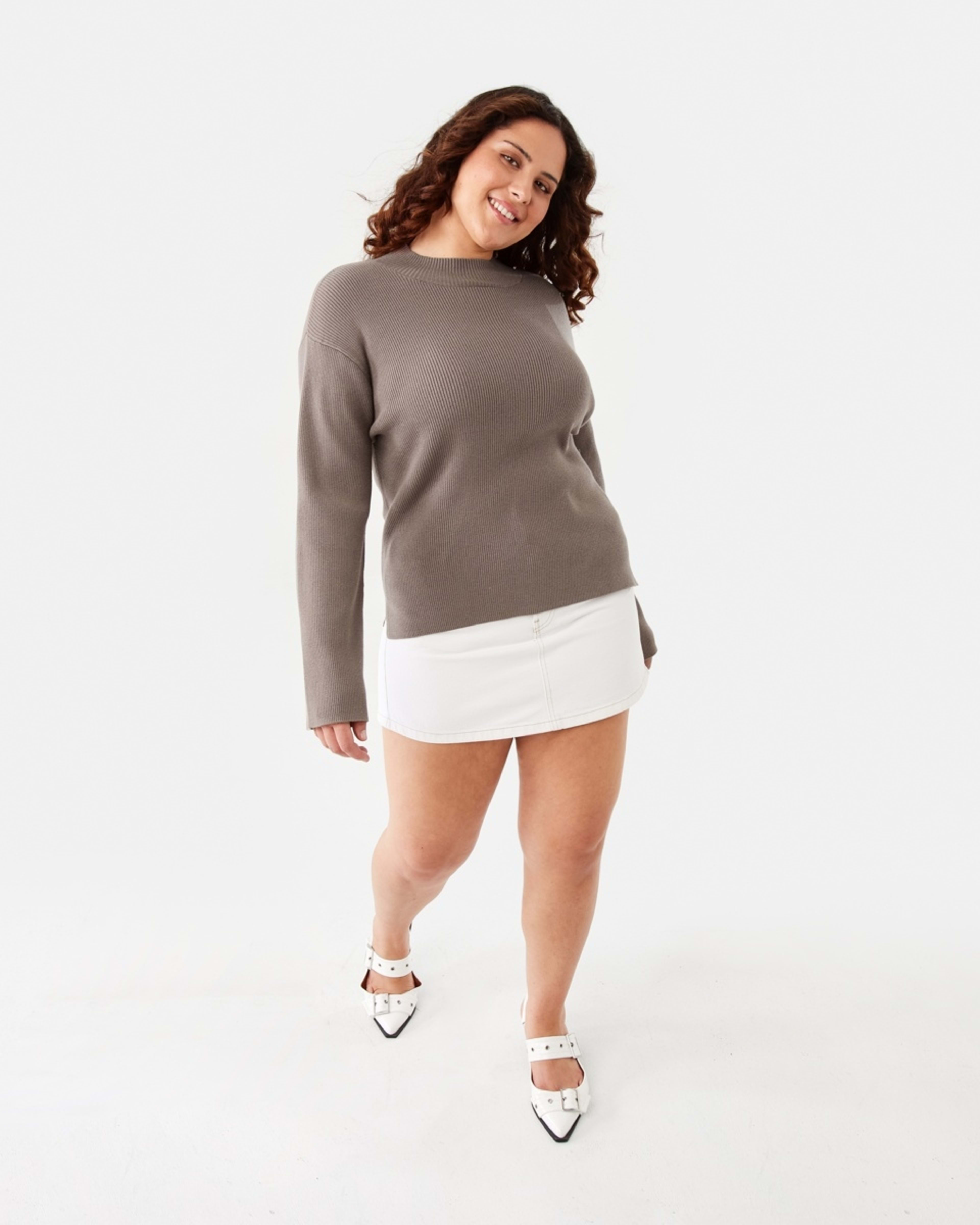 2 Mock Neck Rib Jumper Taupe Brn, 2 of 9
