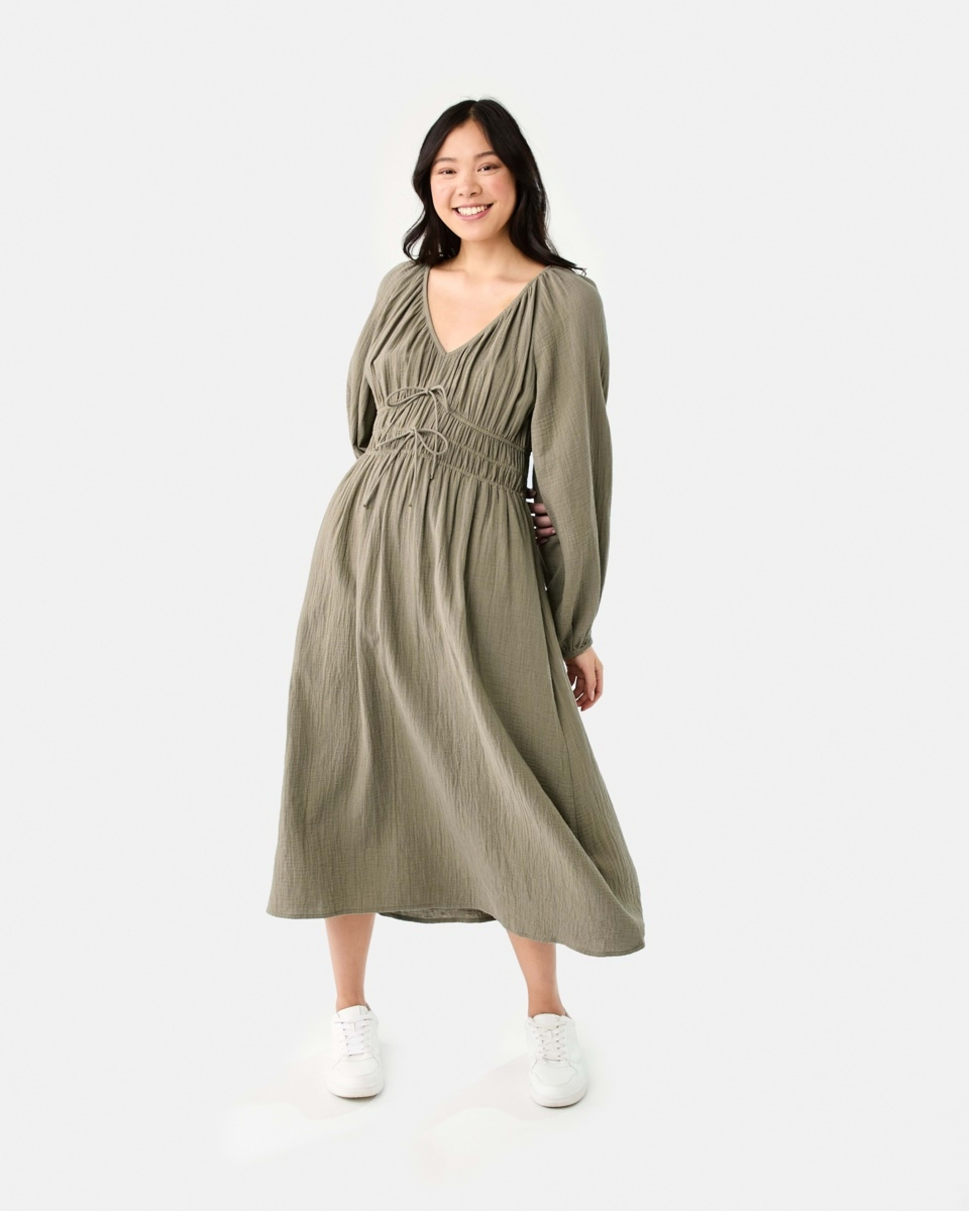 1 Long Sleeve Shirred Detail Midi Dress PAVEMENT GREY, 1 of 7