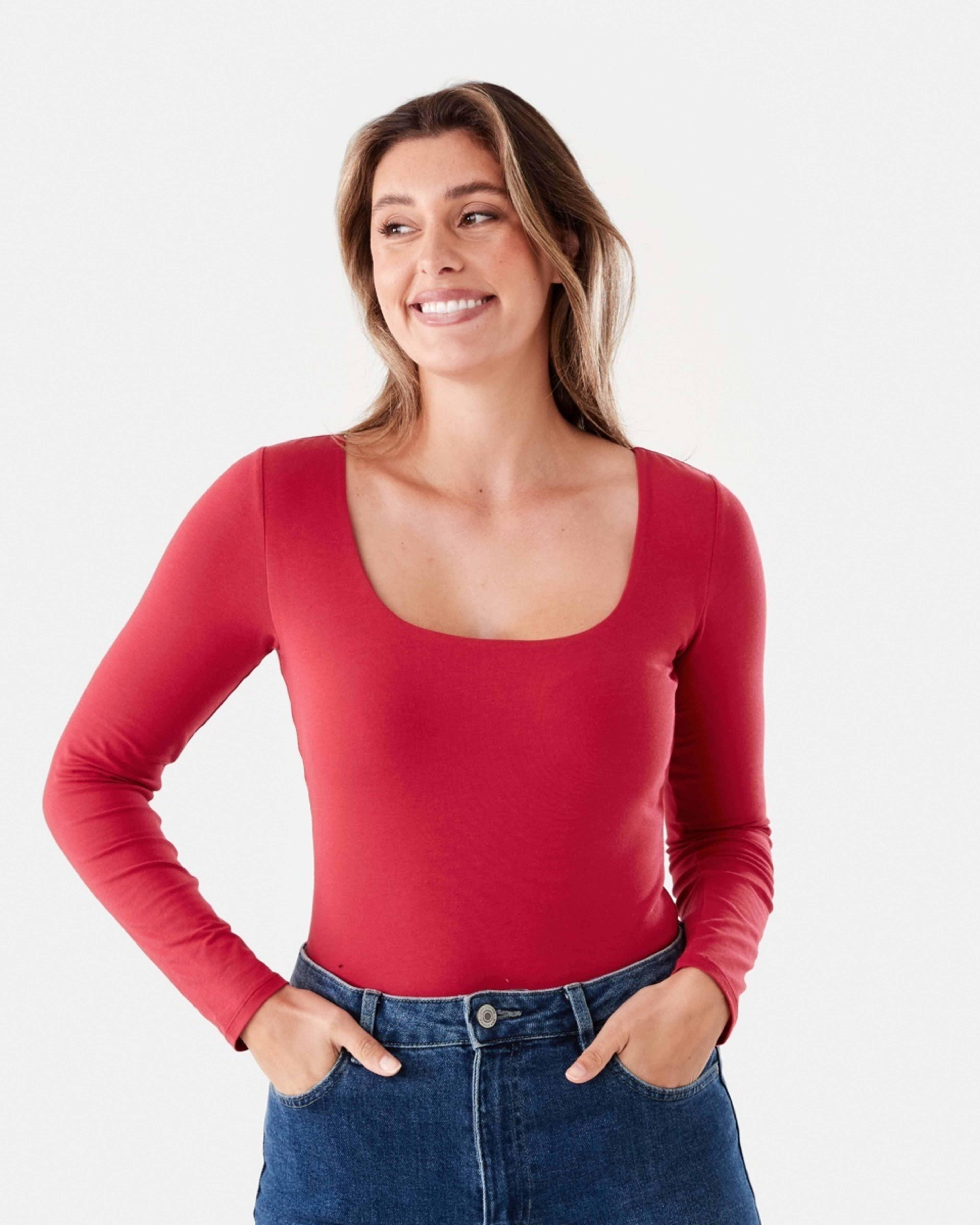1 Long Sleeve Square Neck Top Urbn Red, 1 of 6