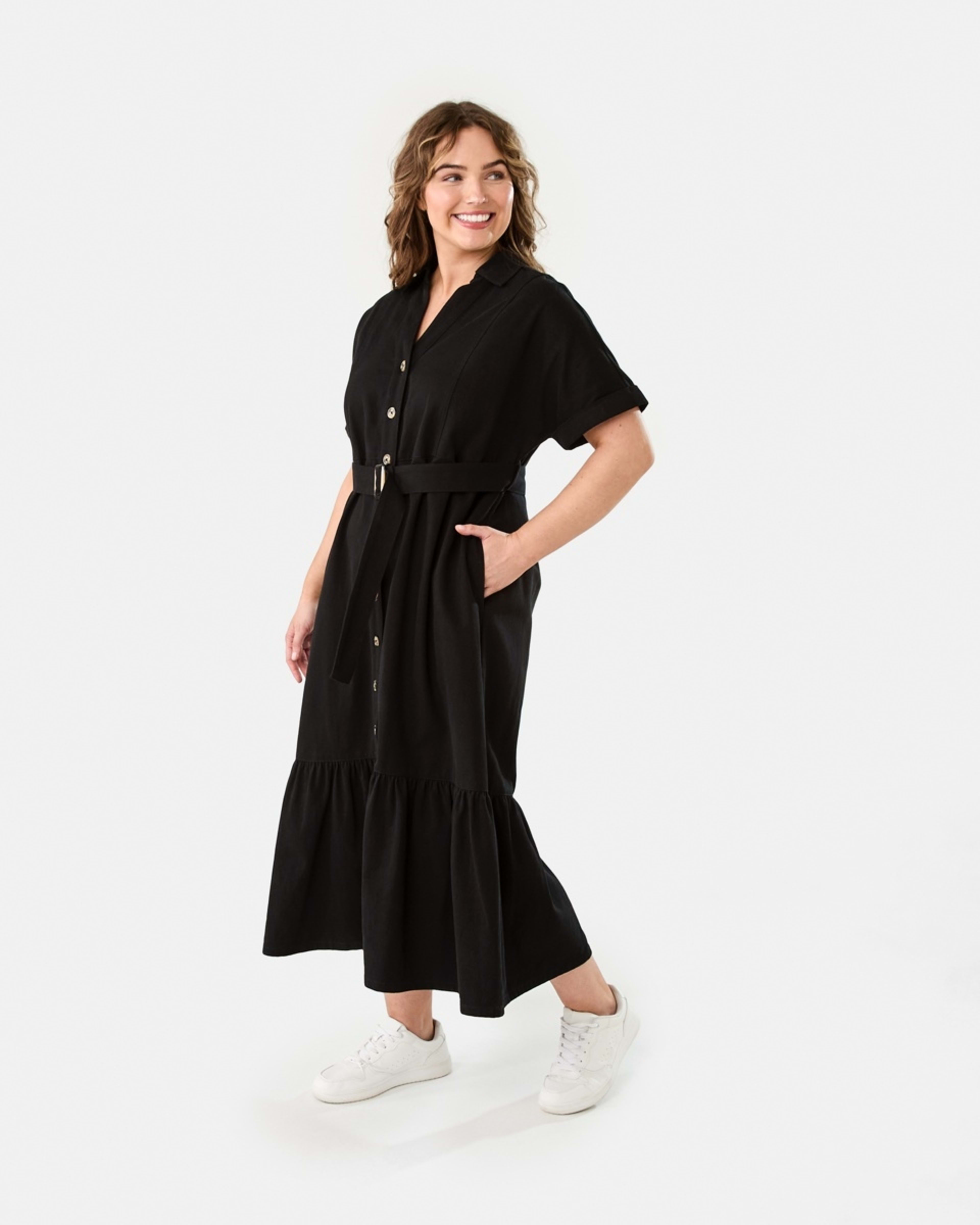 3 Short Sleeve Denim Button Through Midi Dress BLACK, 3 of 9
