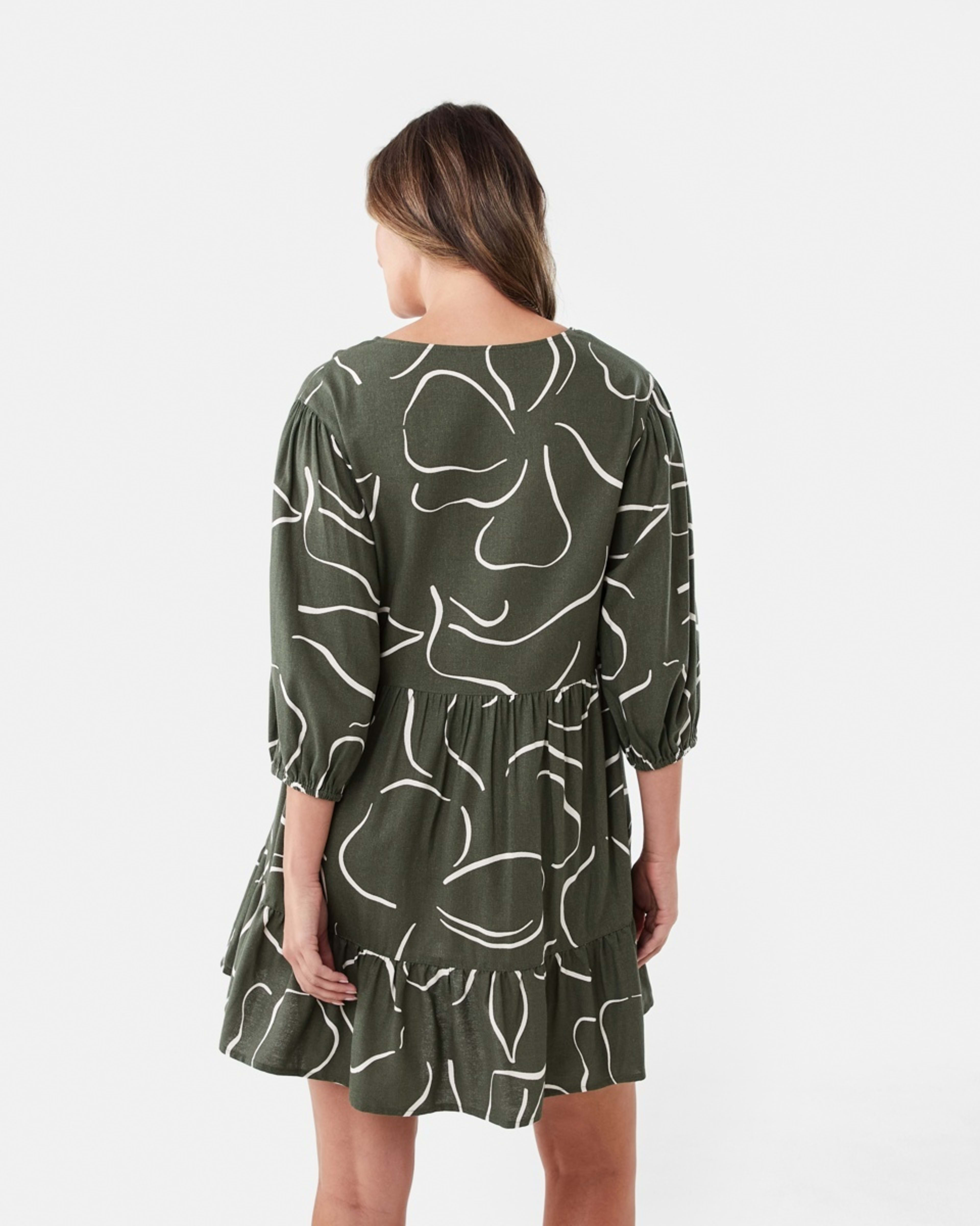 3 3/4 Balloon Sleeve Tie Front Mini Dress Abst Line, 3 of 7
