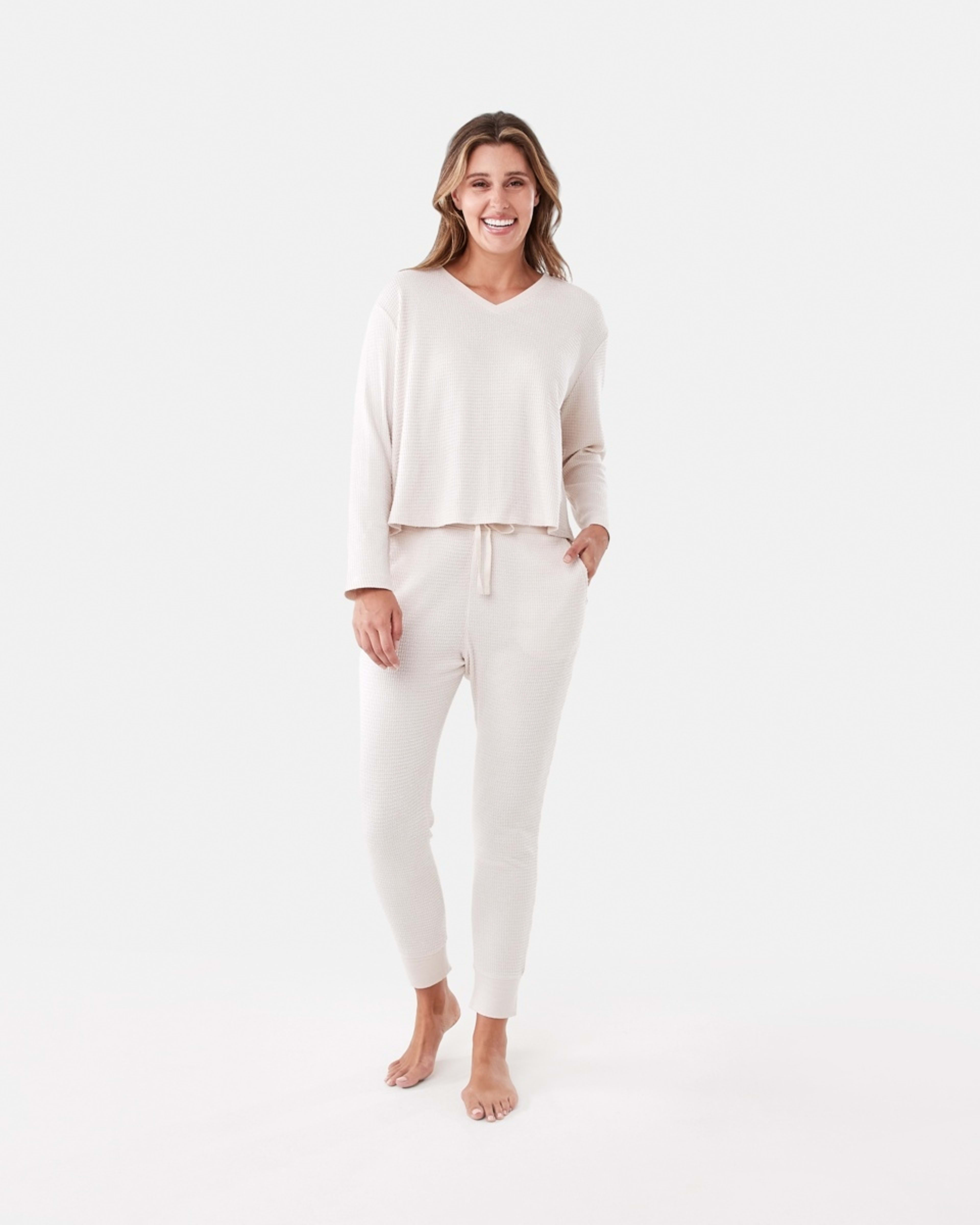 1 Waffle Long Sleeve Top and Pants Lounge Pyjama Set Beige Mrl, 1 of 7