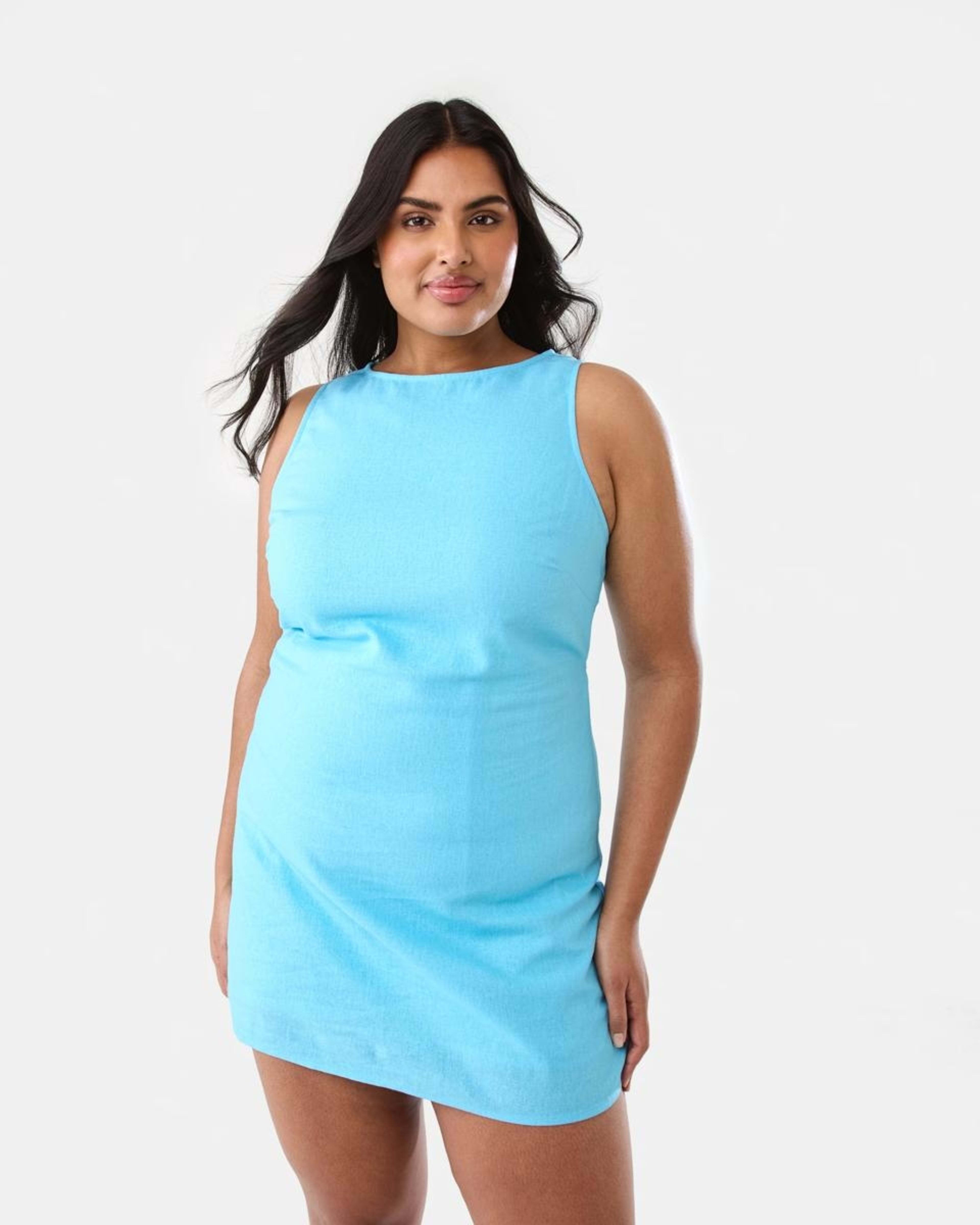 3 Sleeveless Boat Neck Linen Blend Mini Dress BLUE TOPAZ, 3 of 9