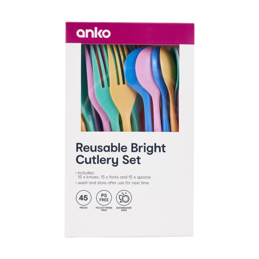 45 Piece Reusable Bright Cutlery Kmart