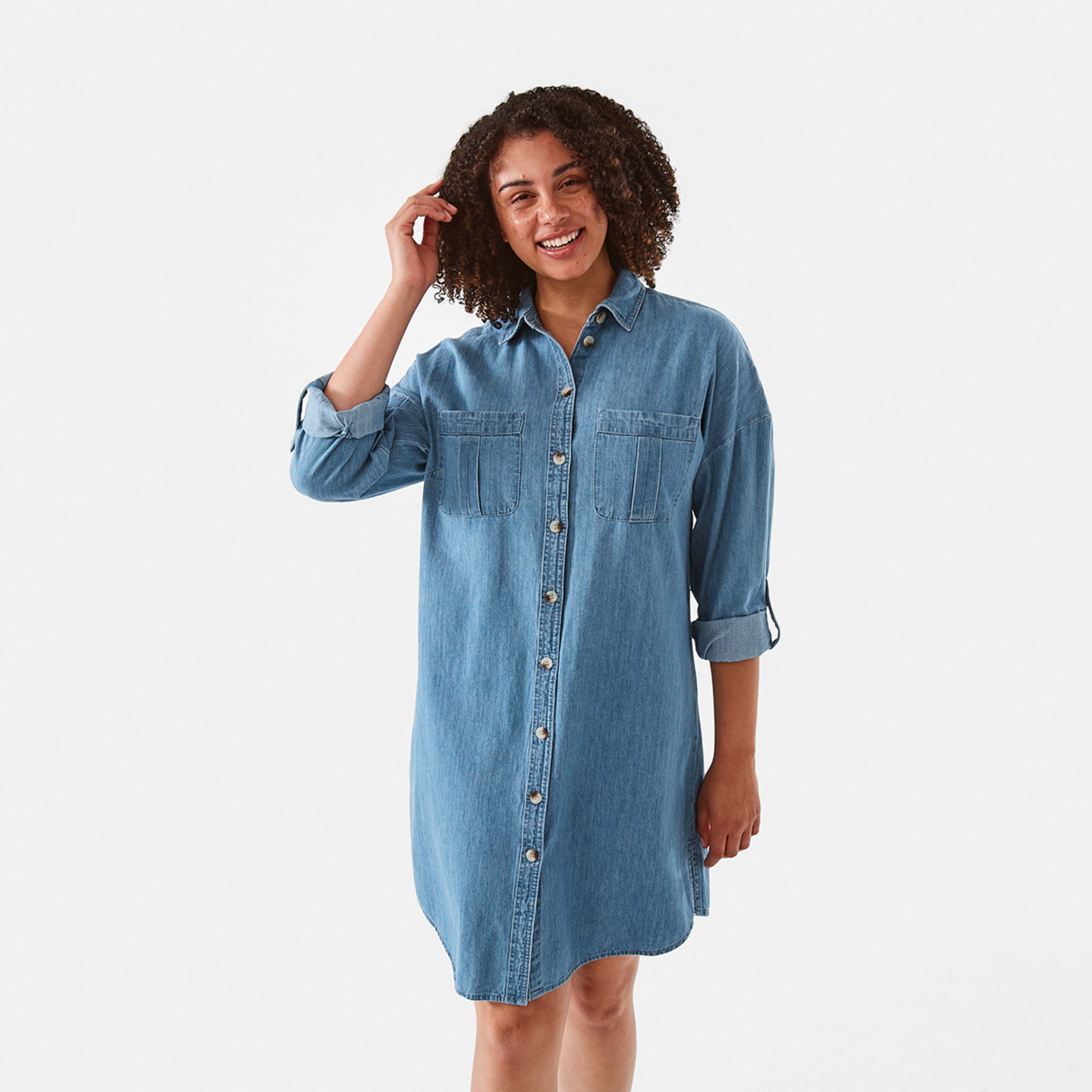 1 Long Sleeve Shift Shirt Midi Dress Mid Wash, 1 of 8