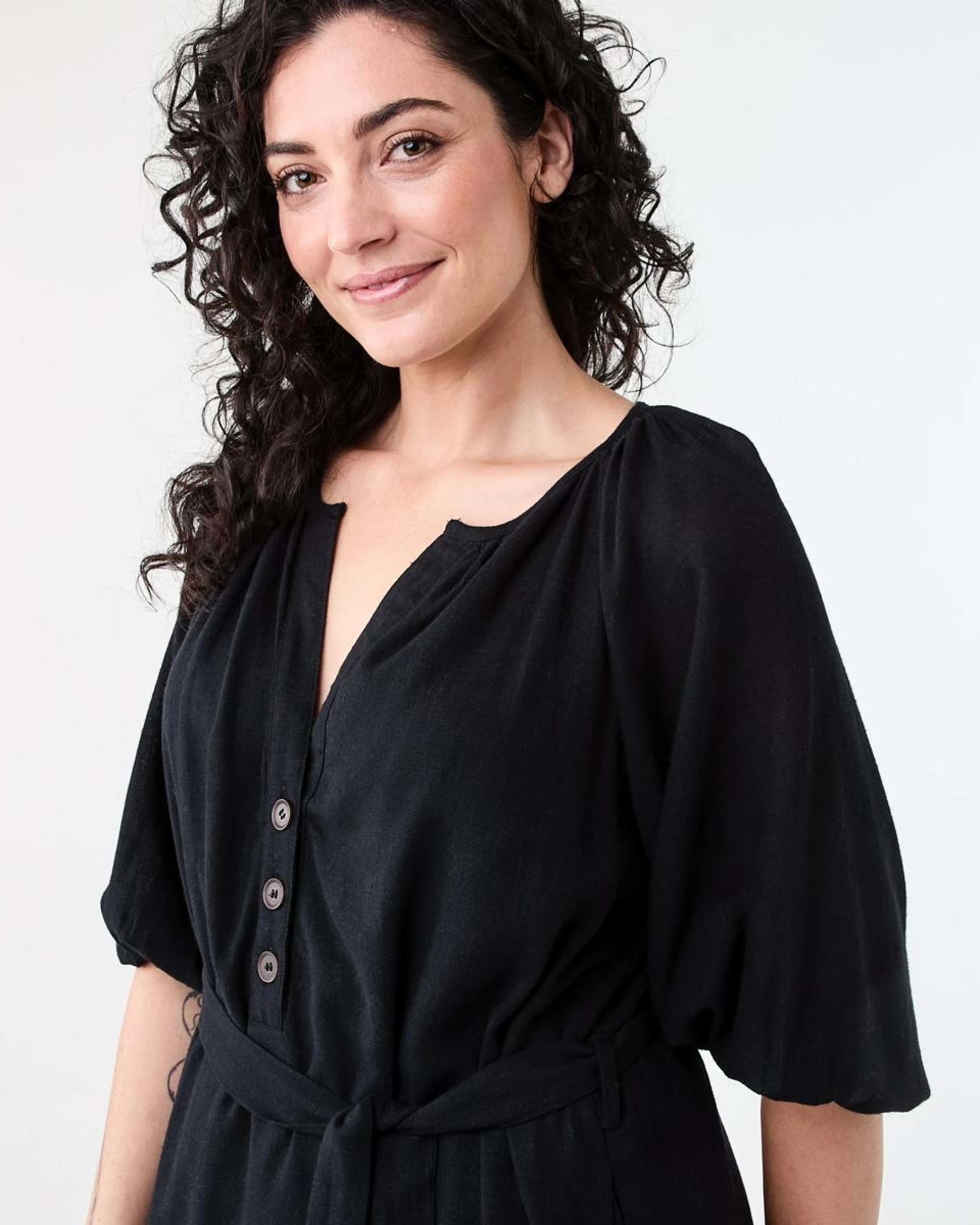 4 Elbow Sleeve Linen Blend Mini Dress BLACK, 4 of 8