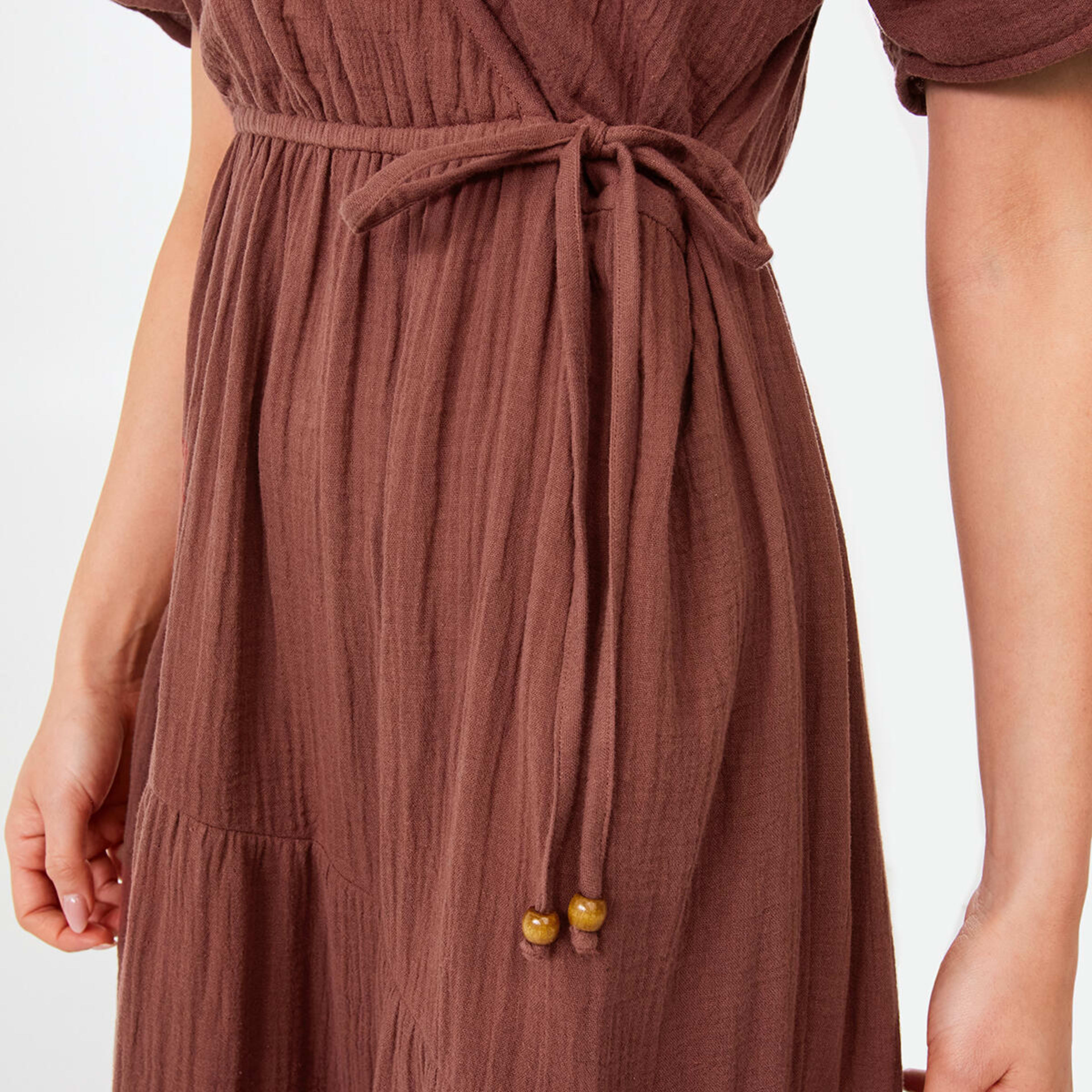 6 Short Sleeve Wrap Tiered Midi Dress Cacao Bean, 6 of 6