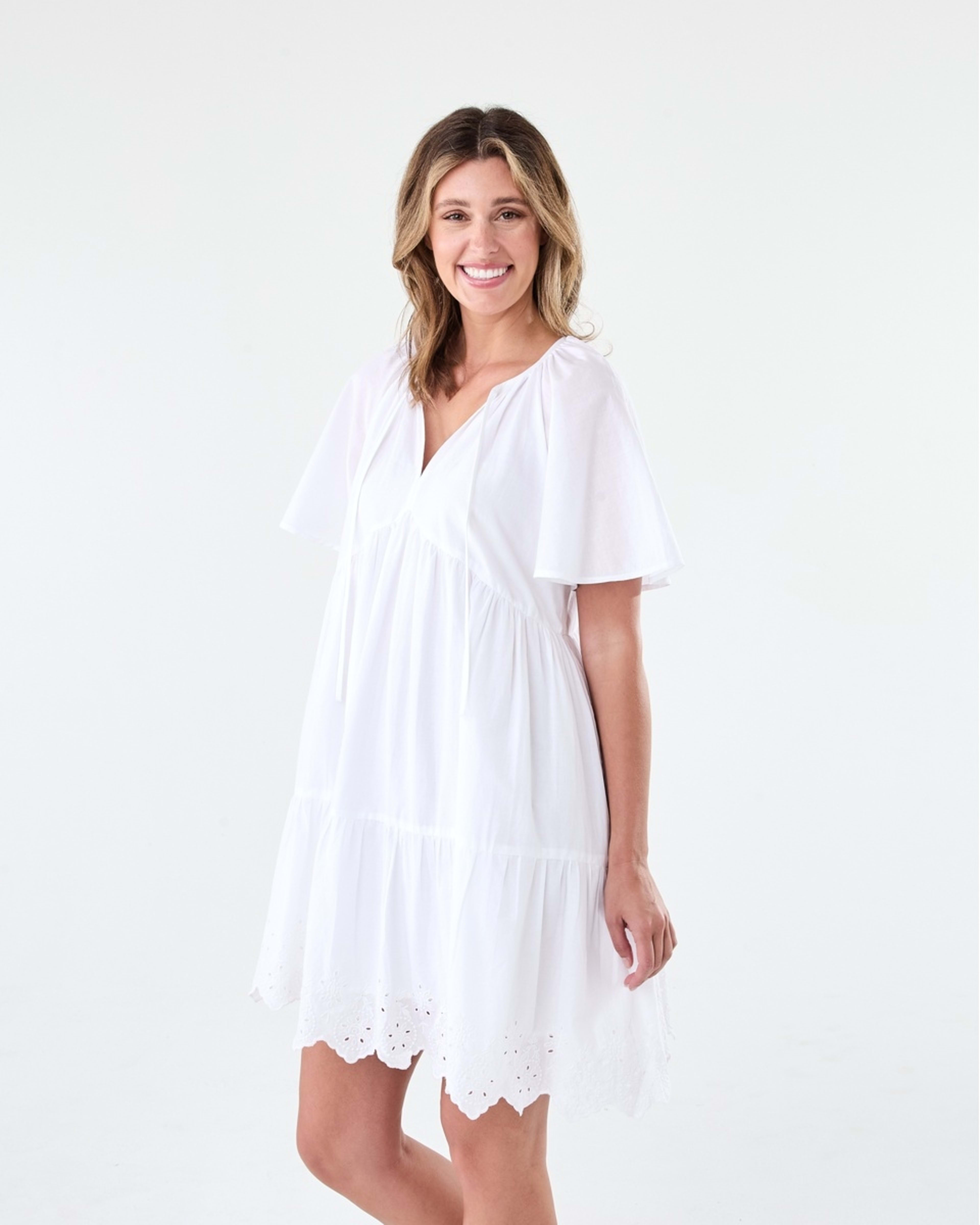 2 Short Flutter Sleeve Broderie Mini Dress White, 2 of 8