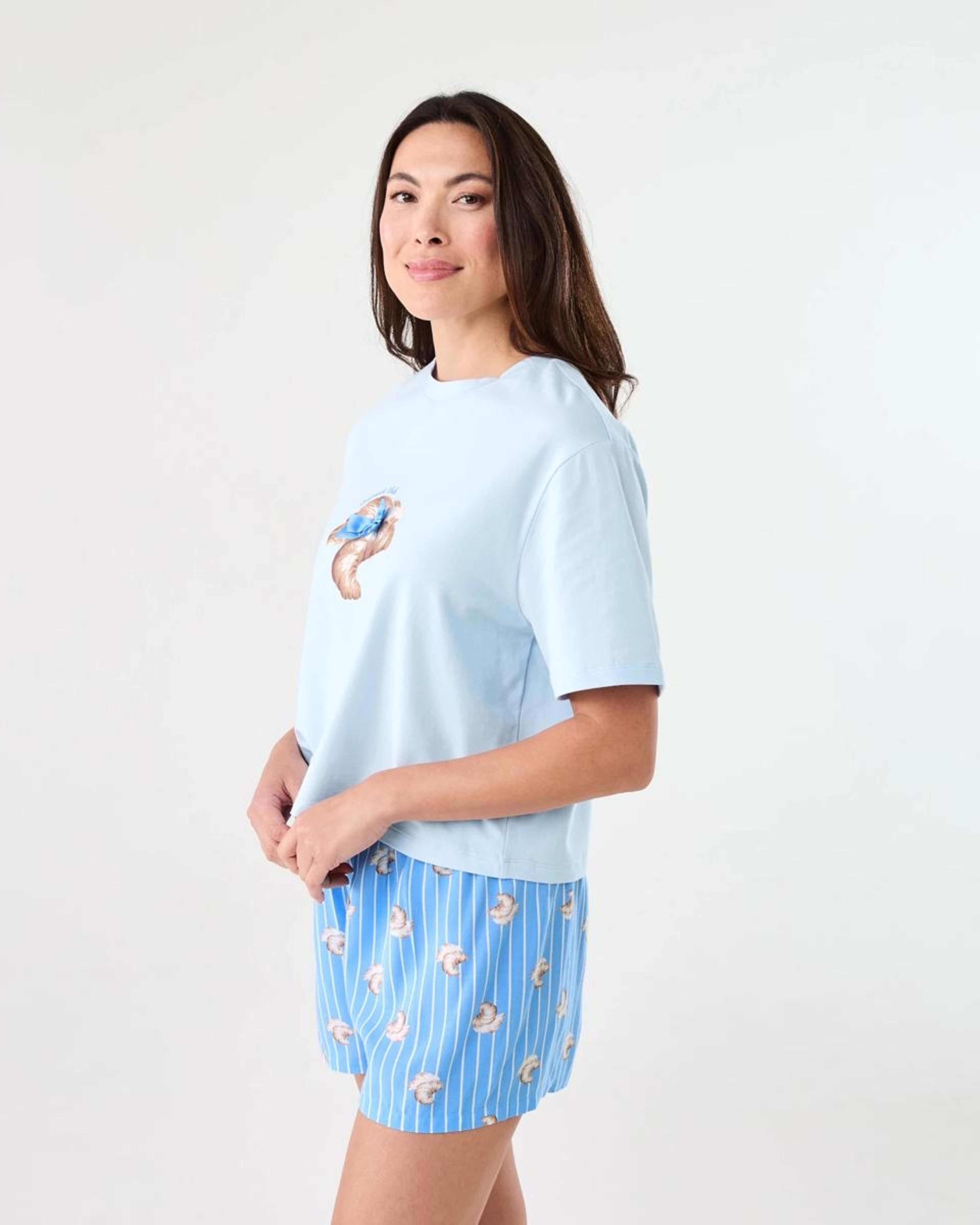 2 Print Knit T-shirt and Woven Shorts Pyjama Set CROISSANT HALOGEN BLUE, 2 of 7