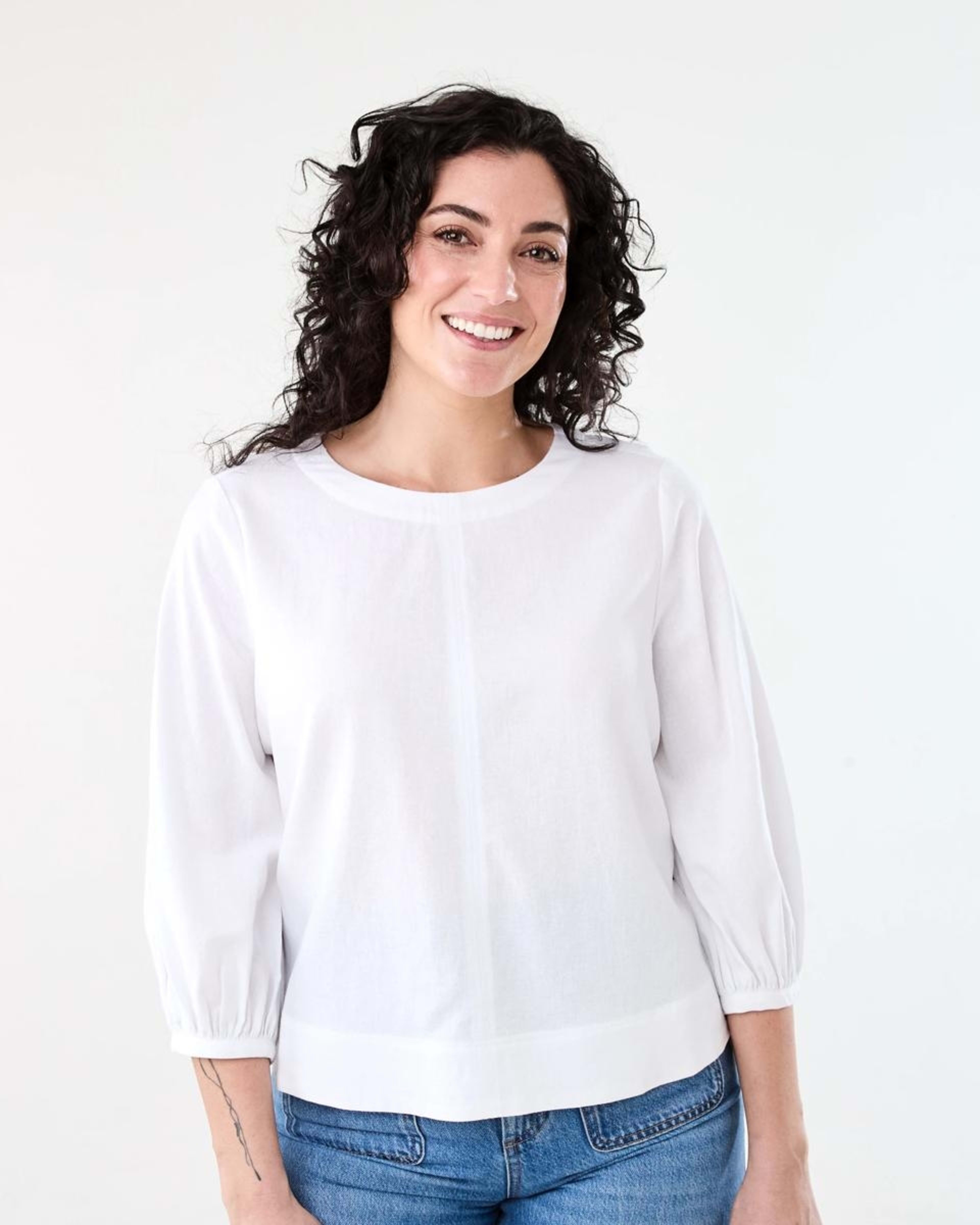 1 Long Sleeve Linen Blend Top WHITE