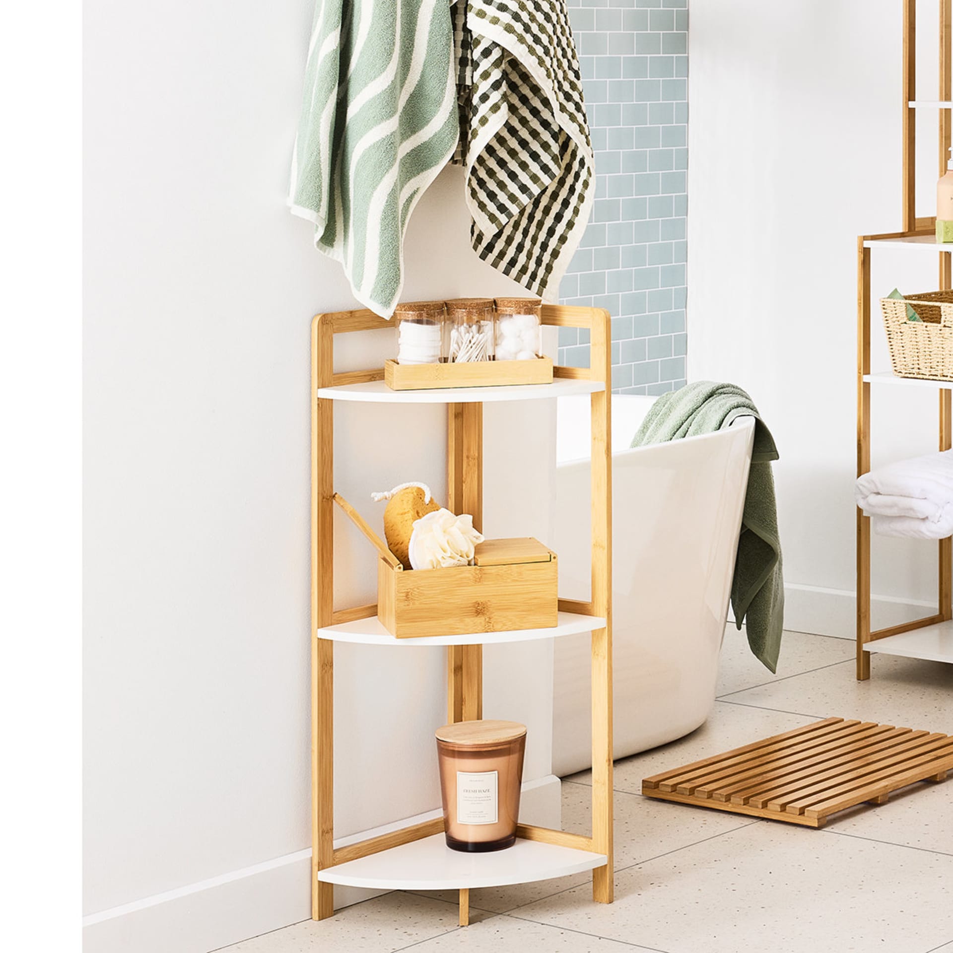 Bamboo and White 3 Tier Corner Shelf Kmart