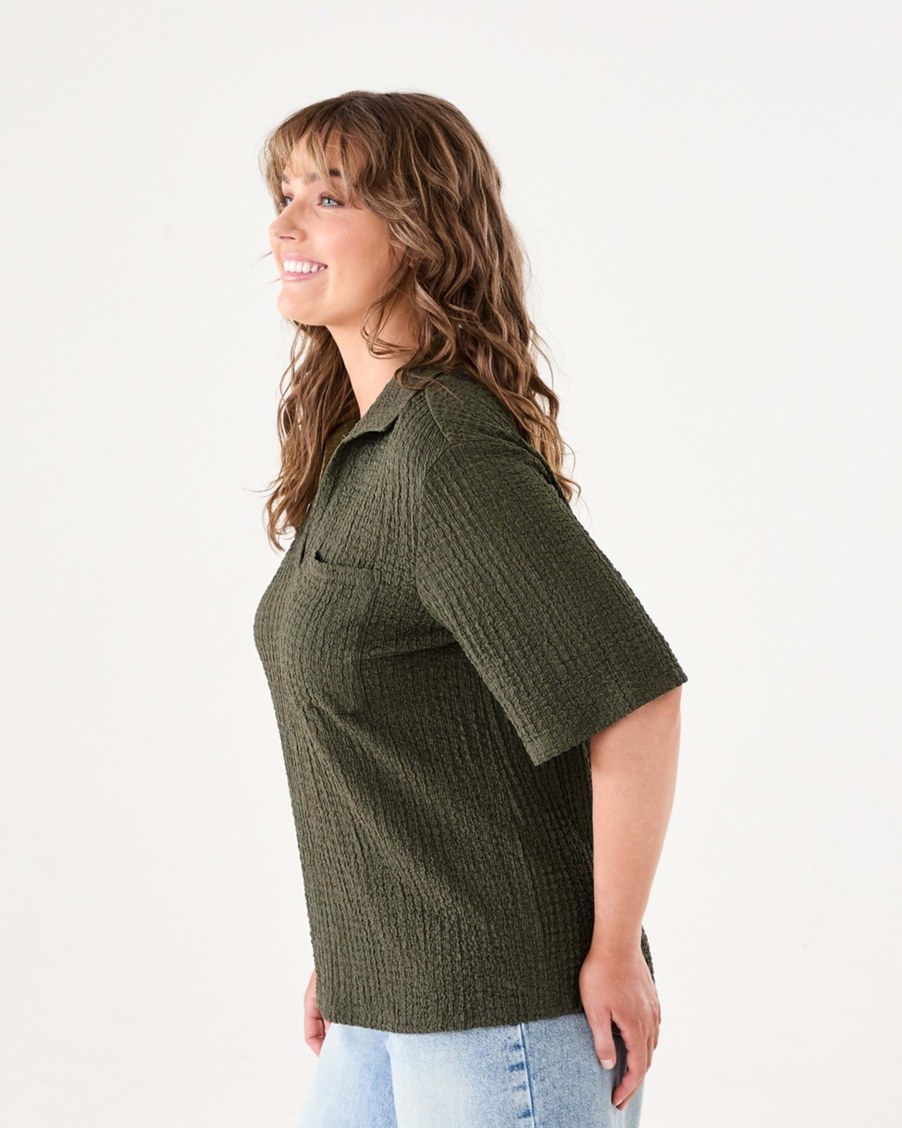 2 Short Sleeve Textured Polo Top BURNT OLIVE, 2 of 6
