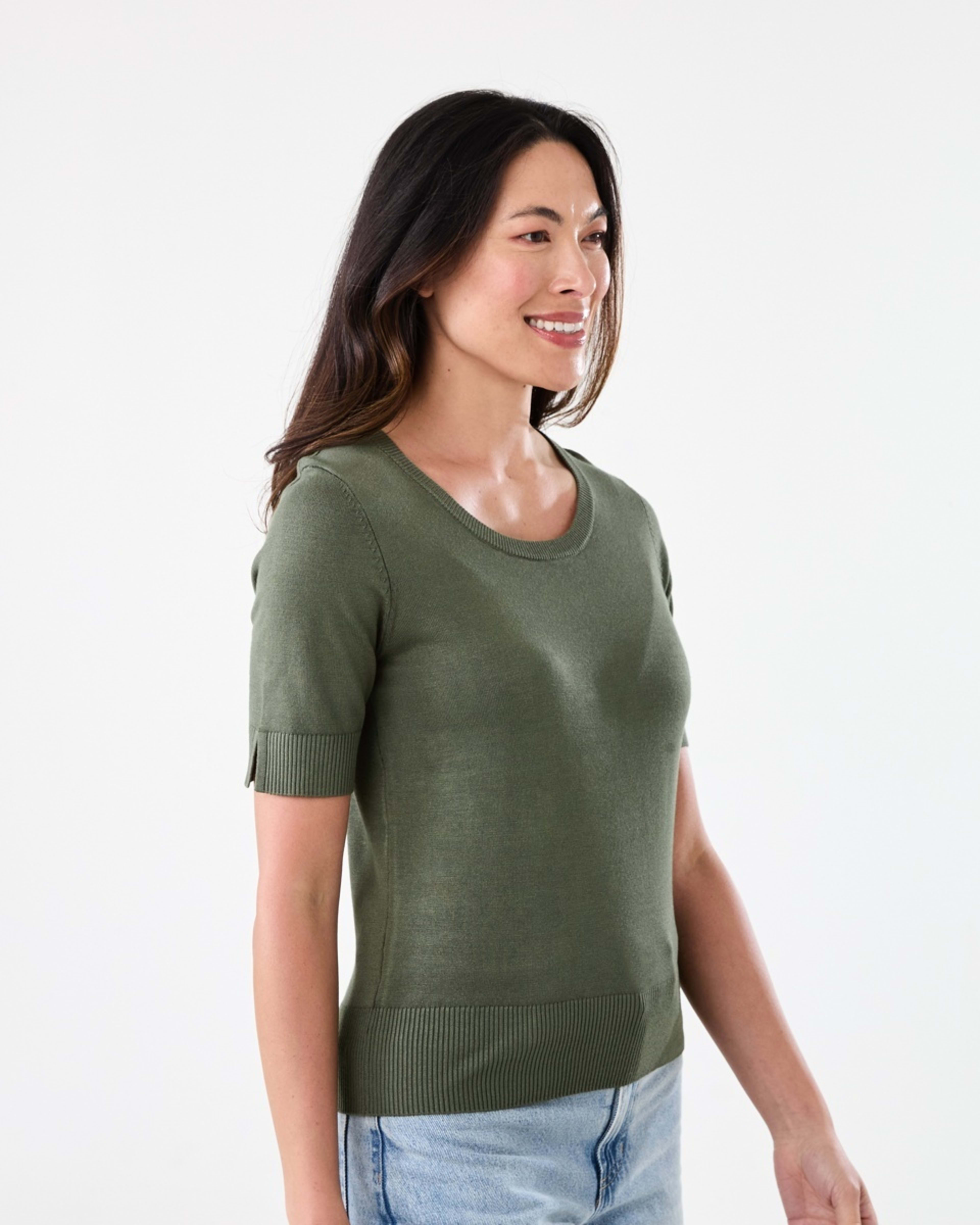 2 Short Elbow Sleeve Scoop Neck Top Grn Olive, 2 of 6