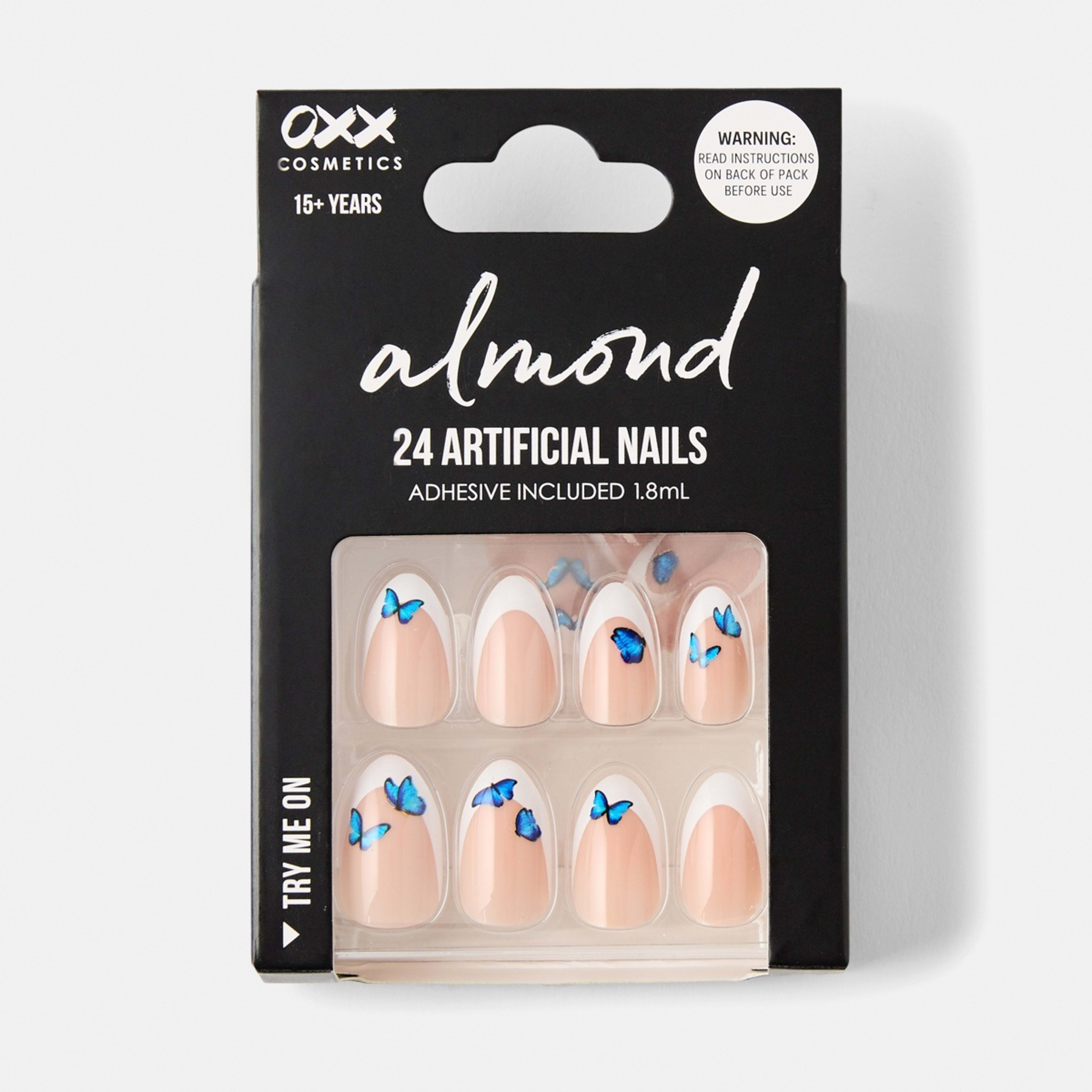 1 OXX Cosmetics 24 Pack Artificial Nails with Adhesive - Almond Shape, French Tip and Blue Butterflies