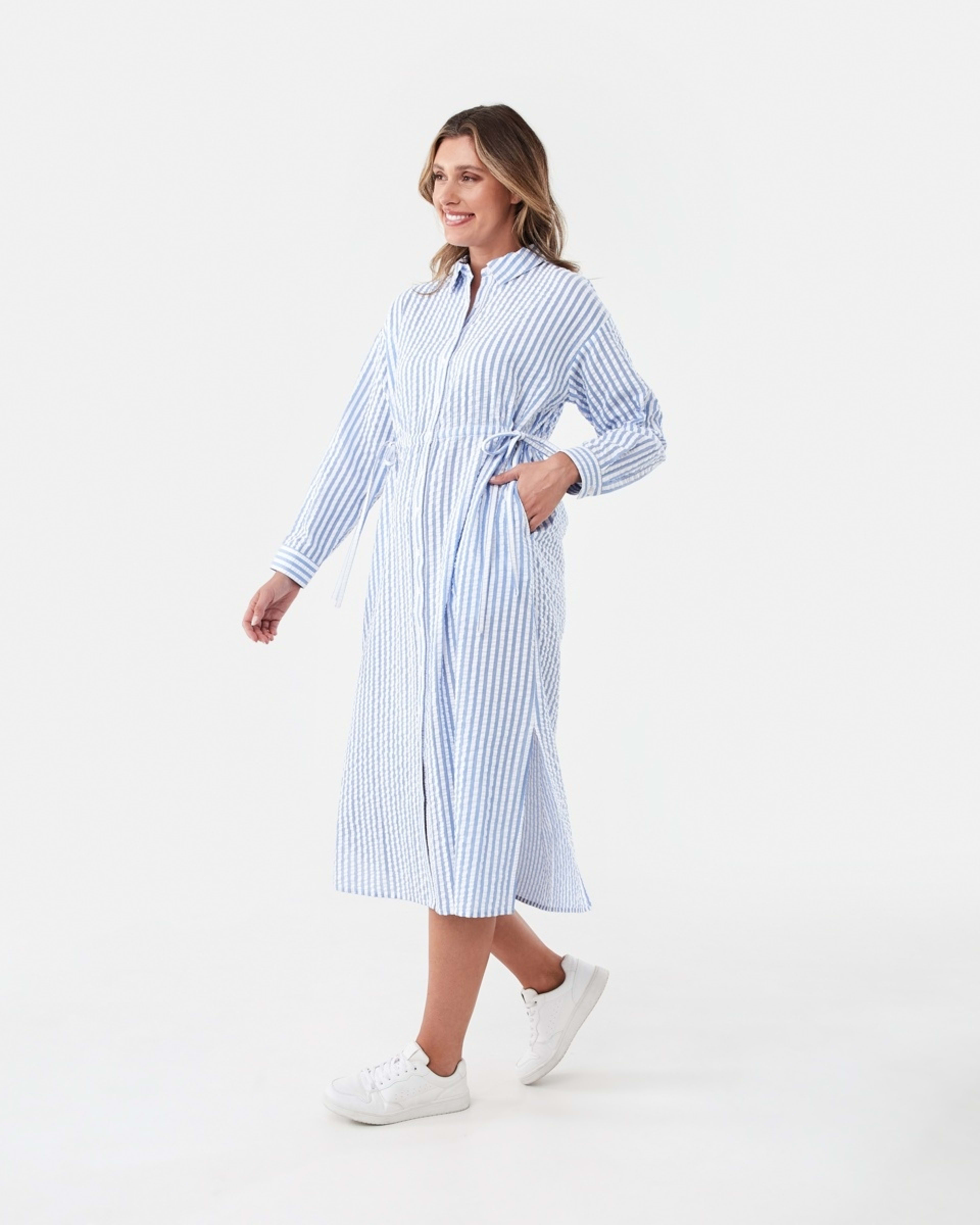2 Long Sleeve Ruched Front Midi Shirt Dress Tny Stripe, 2 of 8