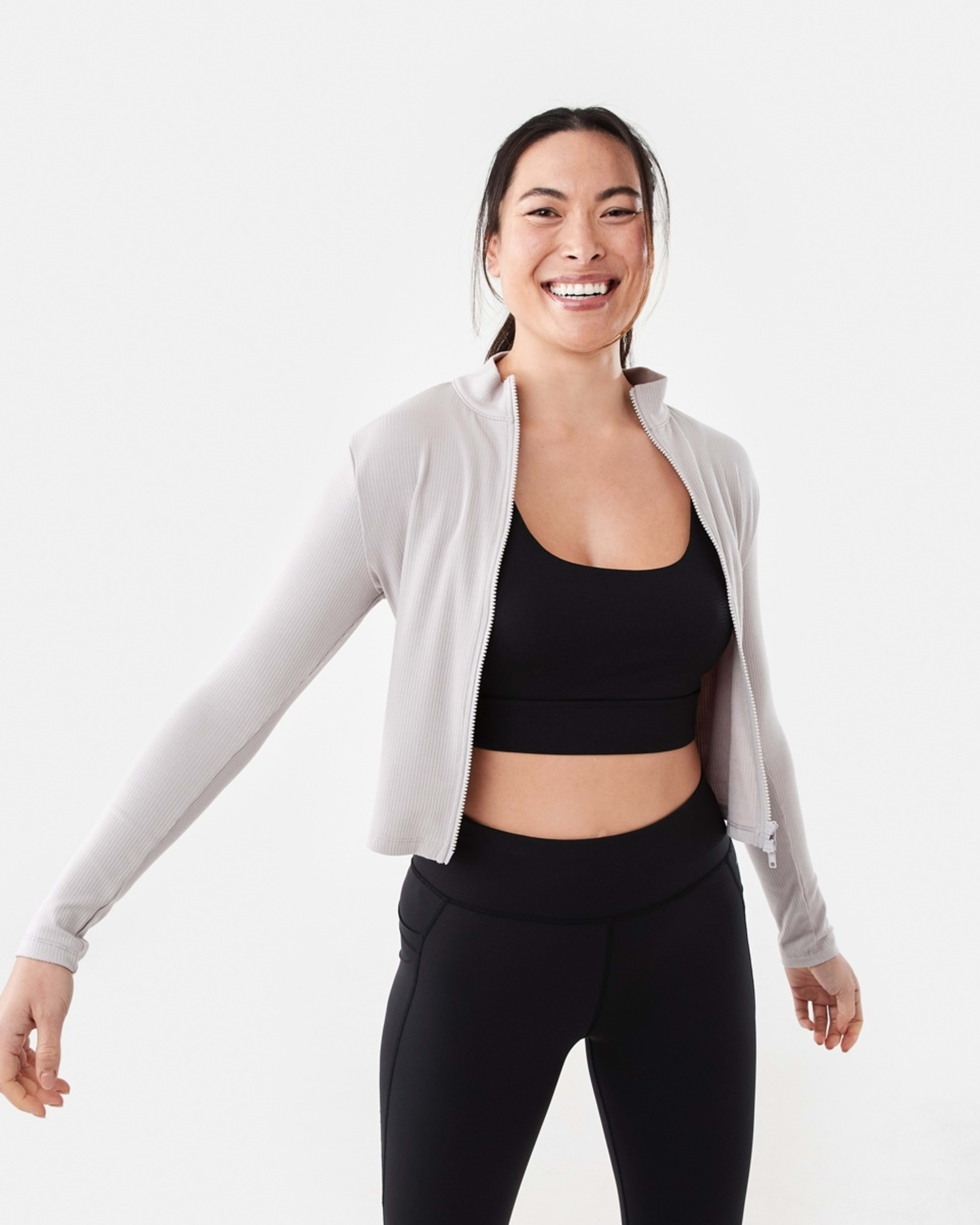 1 Active Womens Ribbed Zip Through Long Sleeve Top Porp Gry