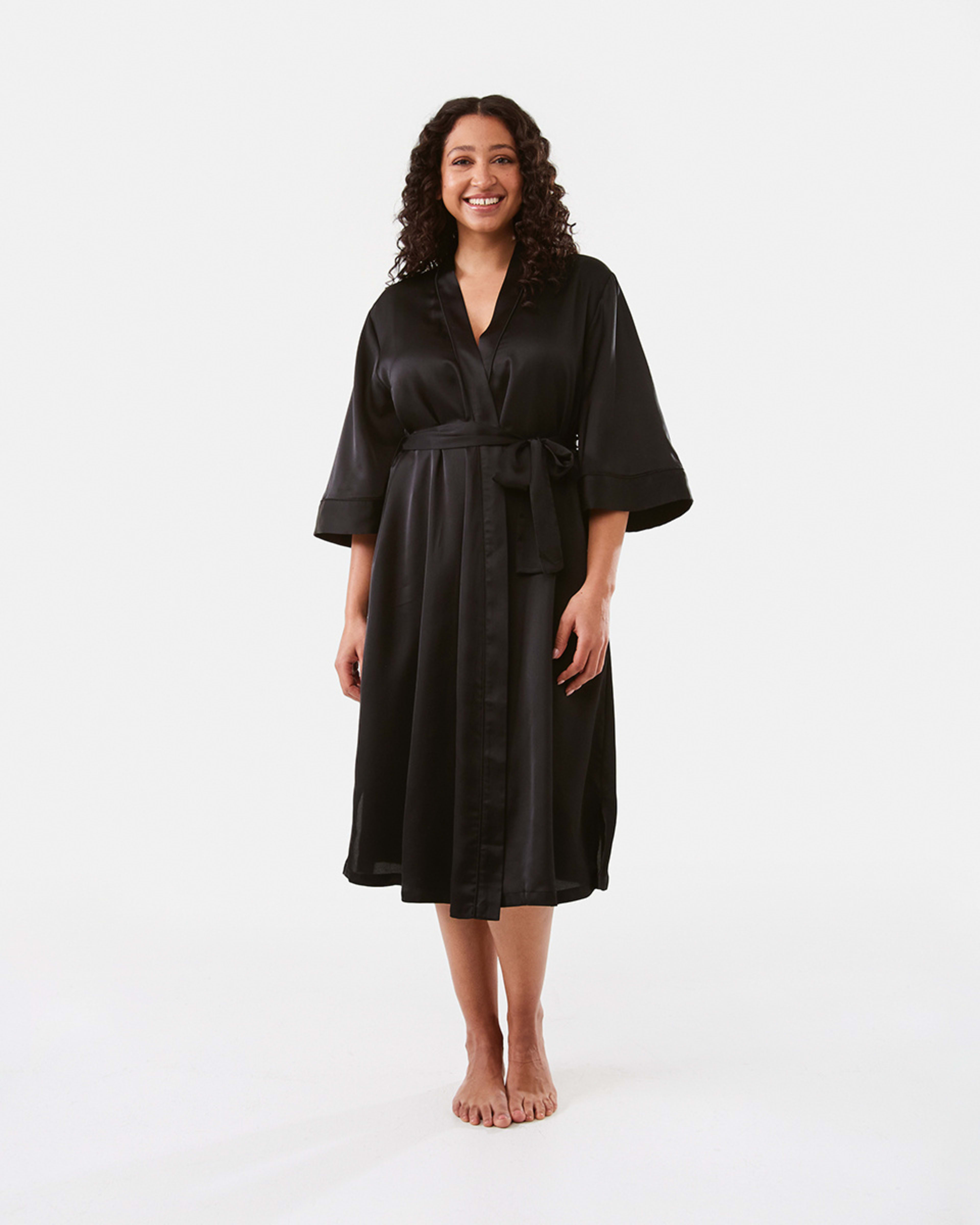 1 Longline Satin Kimono Gown Black