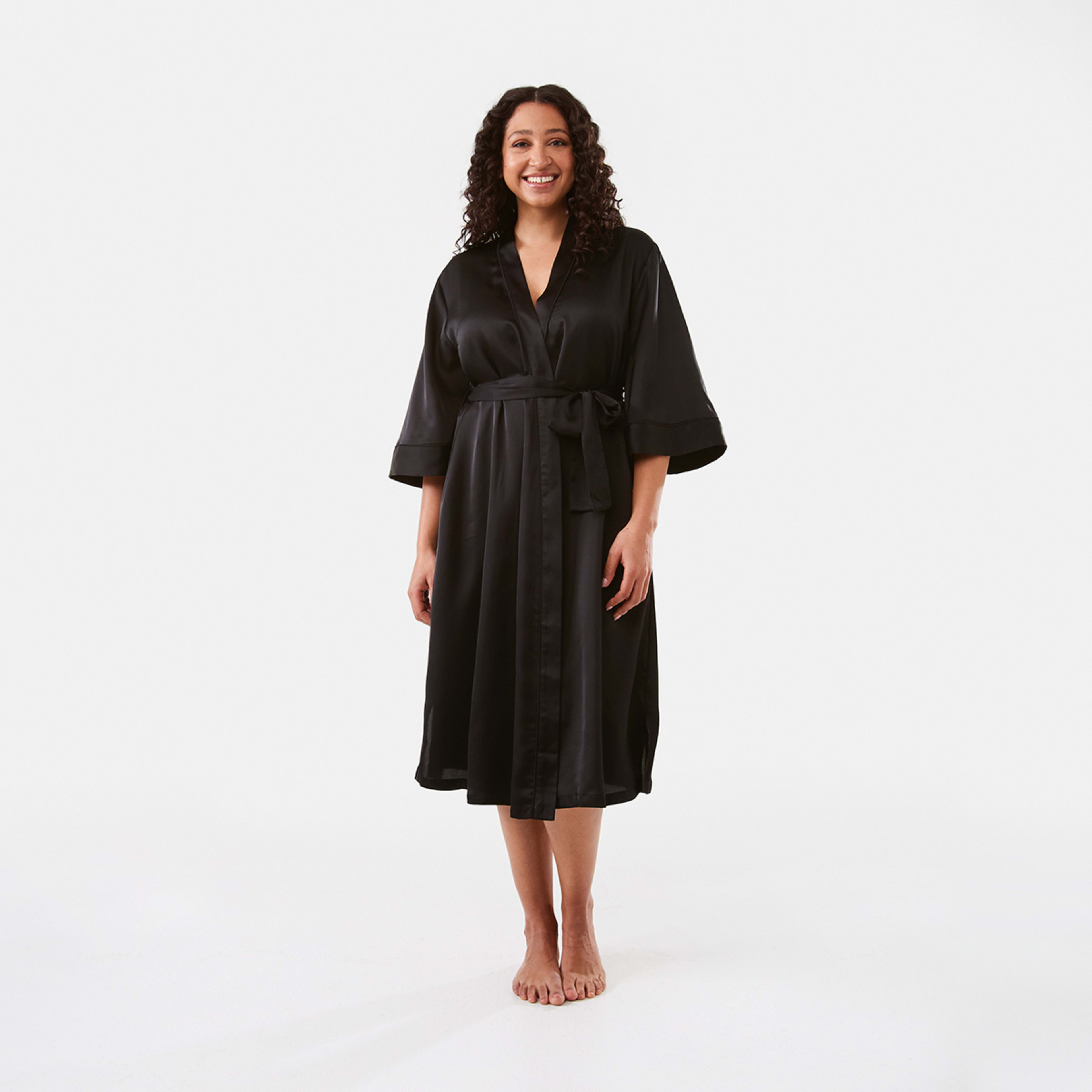 1 Longline Satin Kimono Gown Black, 1 of 6