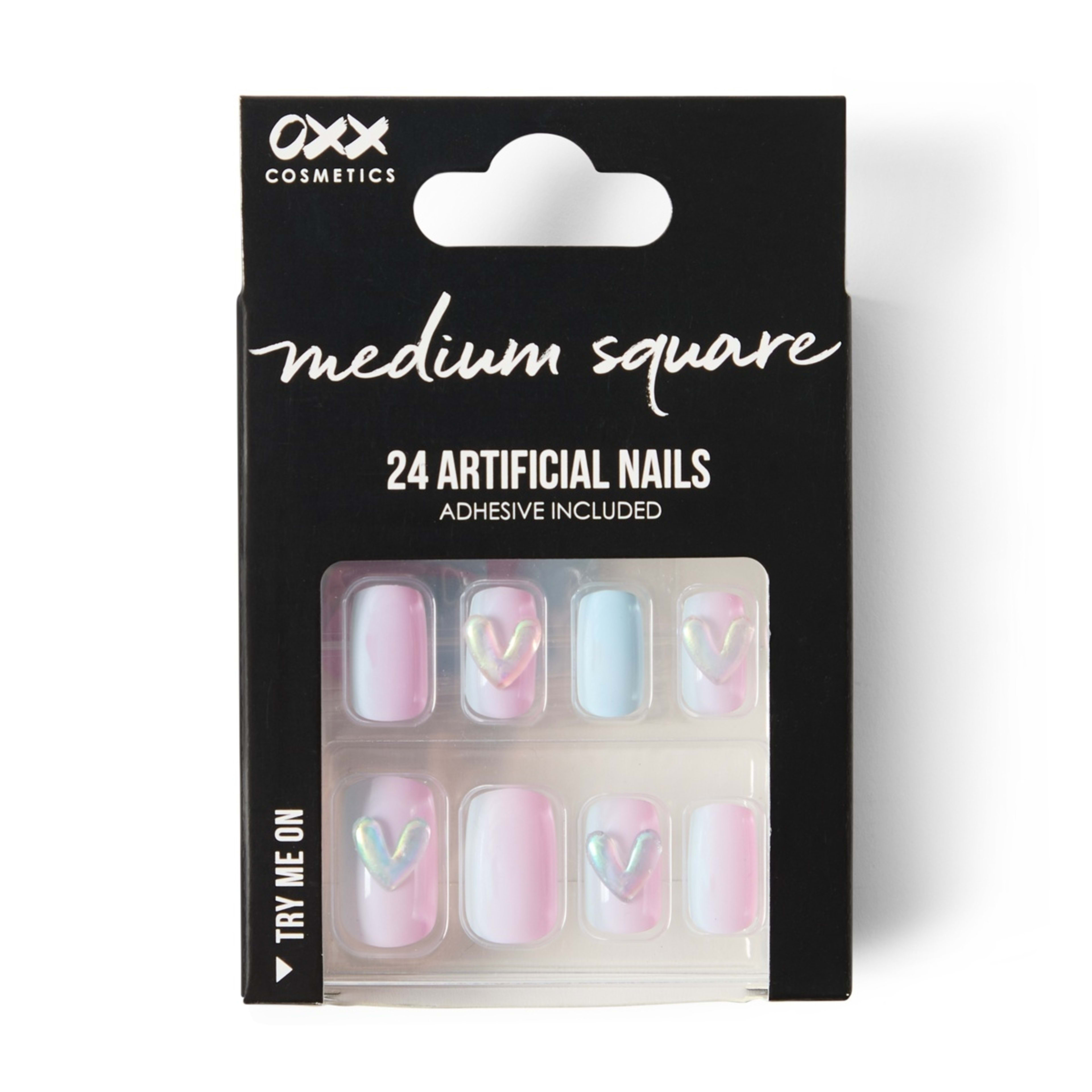 1 OXX Cosmetics 24 Pack Artificial Nails with Adhesive - Medium Square Shape, Pink and Blue Holographic 3D Hearts