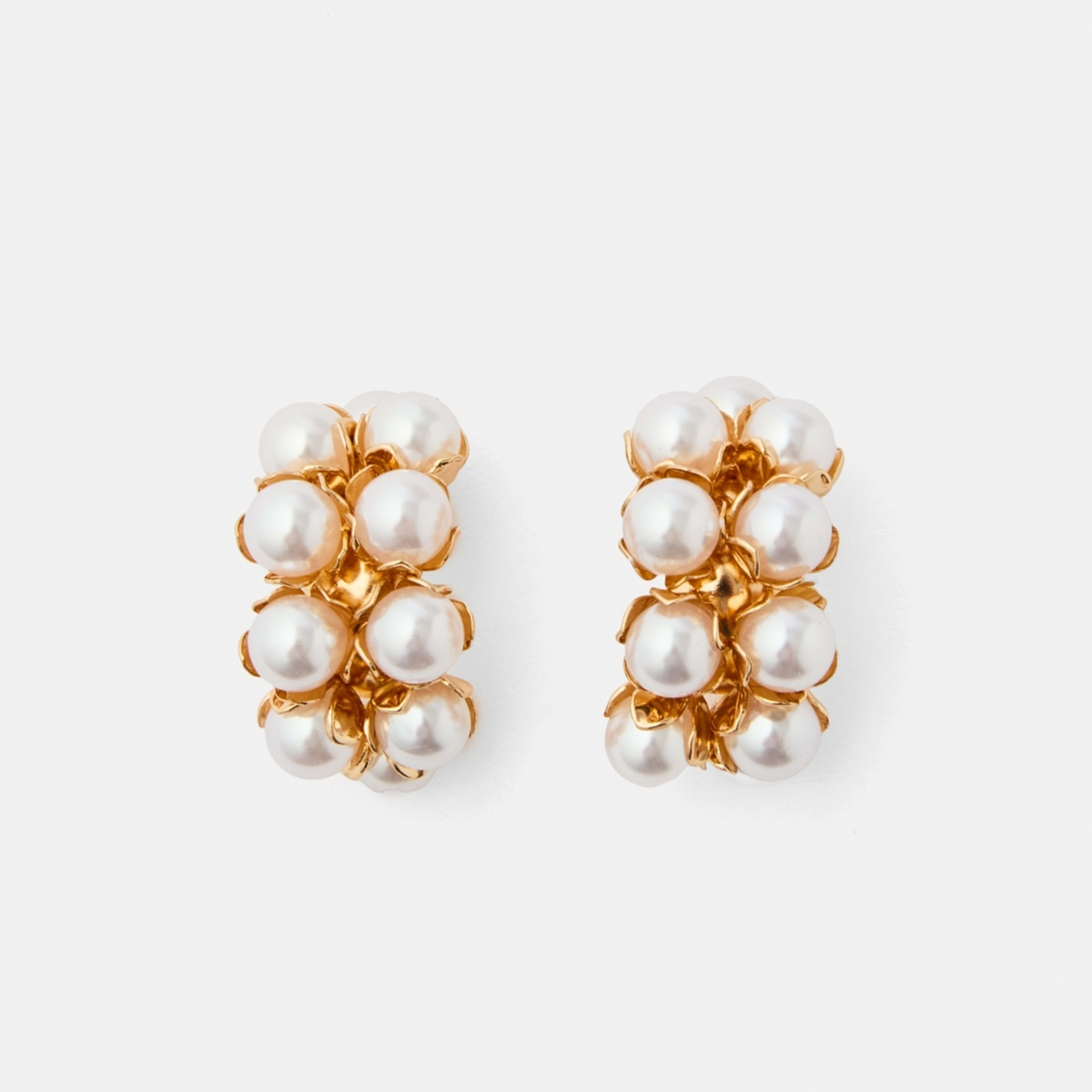1 2 Rows Faux Pearl Hoop Earrings - Gold Tone and White