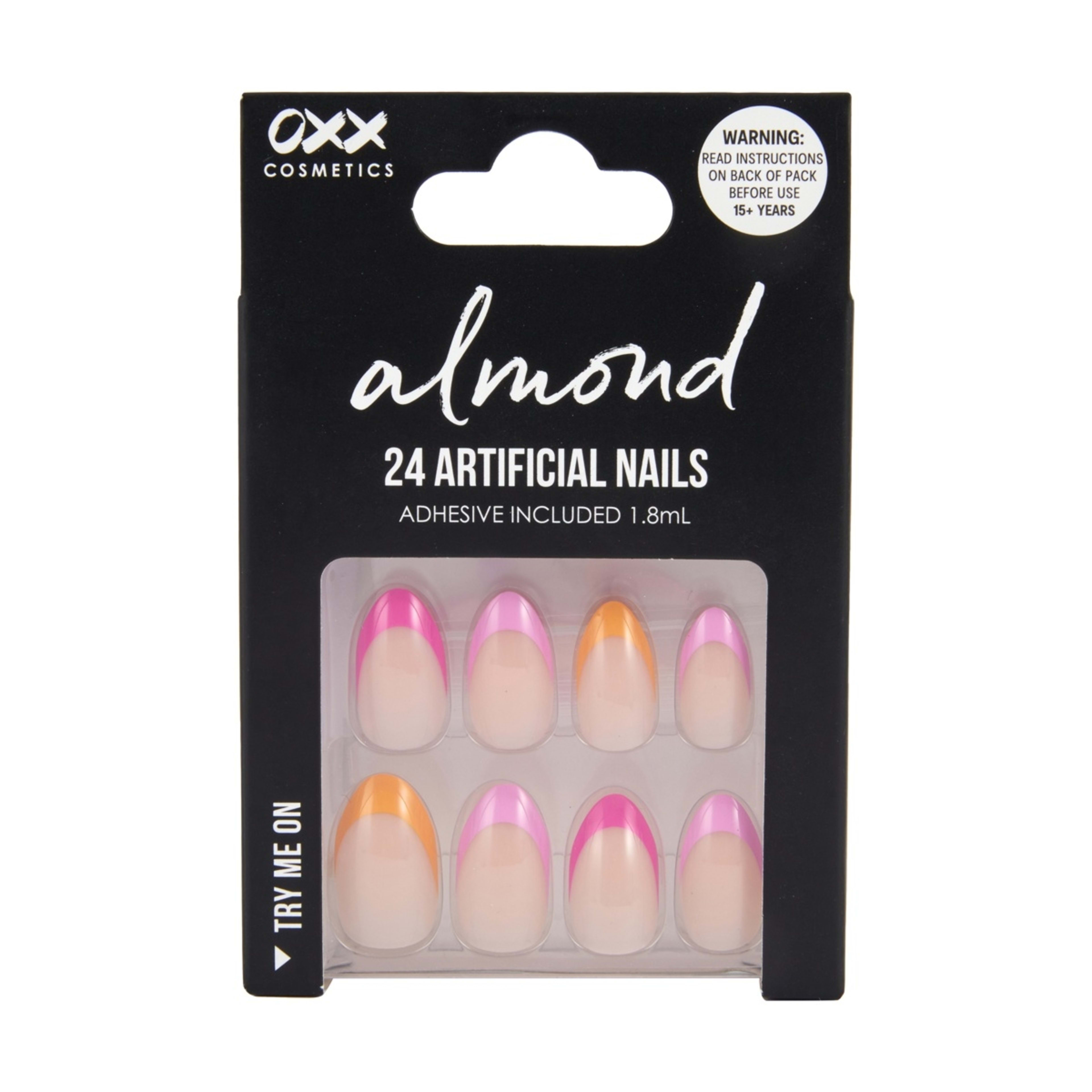 1 OXX Cosmetics 24 Pack Artificial Nails with Adhesive - Almond Shape, Pink and Orange Tip