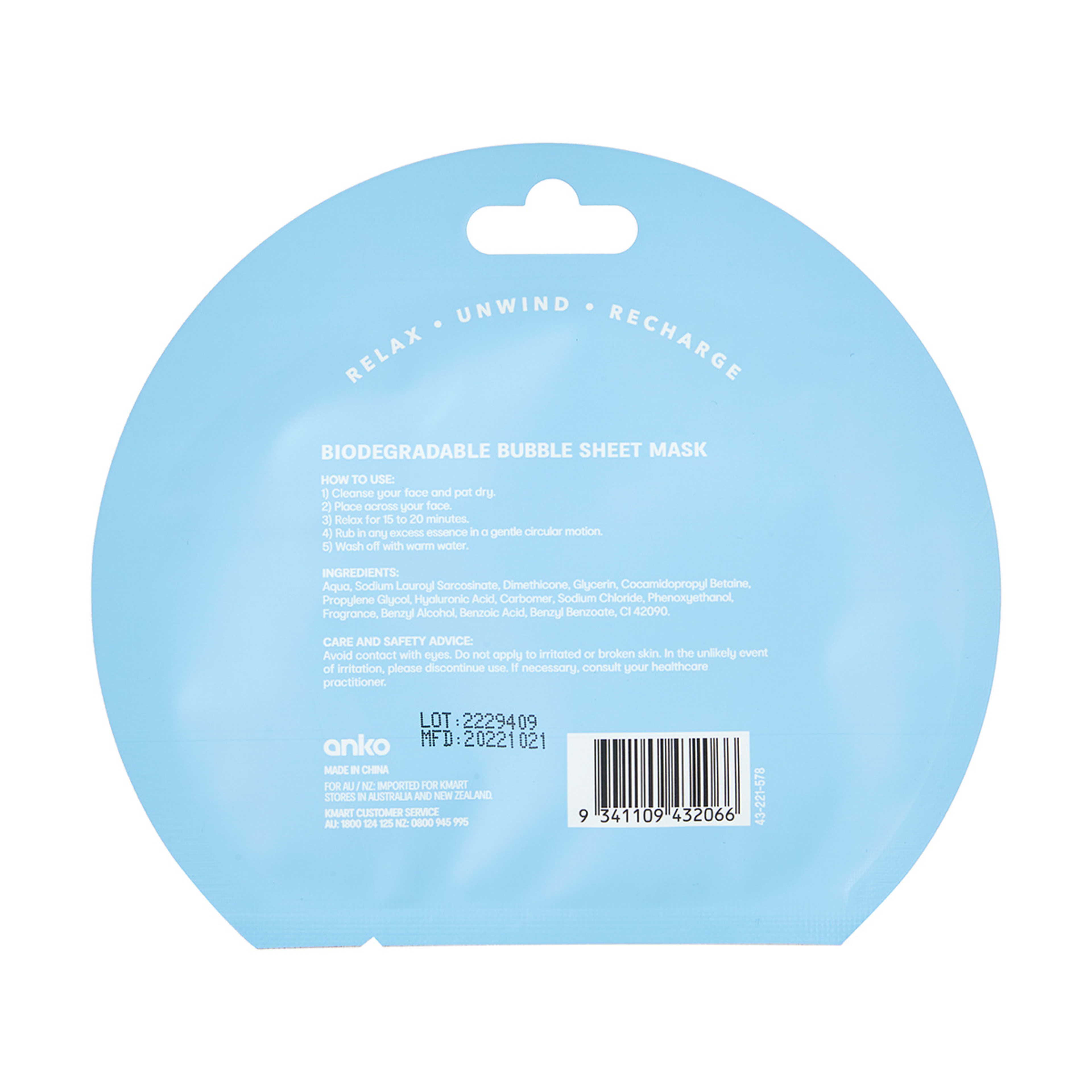 Hello Hydro Biodegradable Bubble Sheet Mask Hyaluronic Acid Kmart