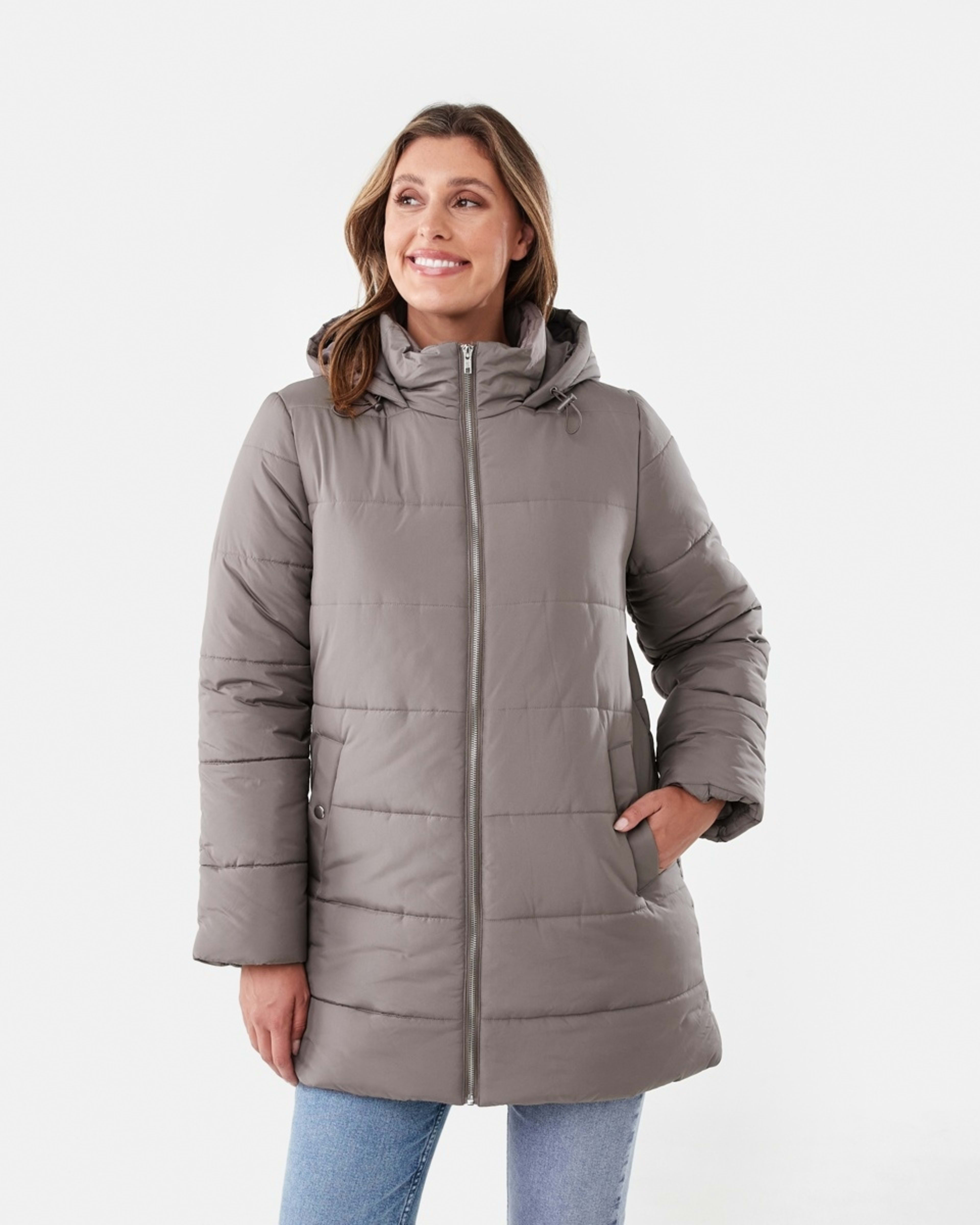 2 Mid Length Puffer Jacket Taupe Brn, 2 of 7
