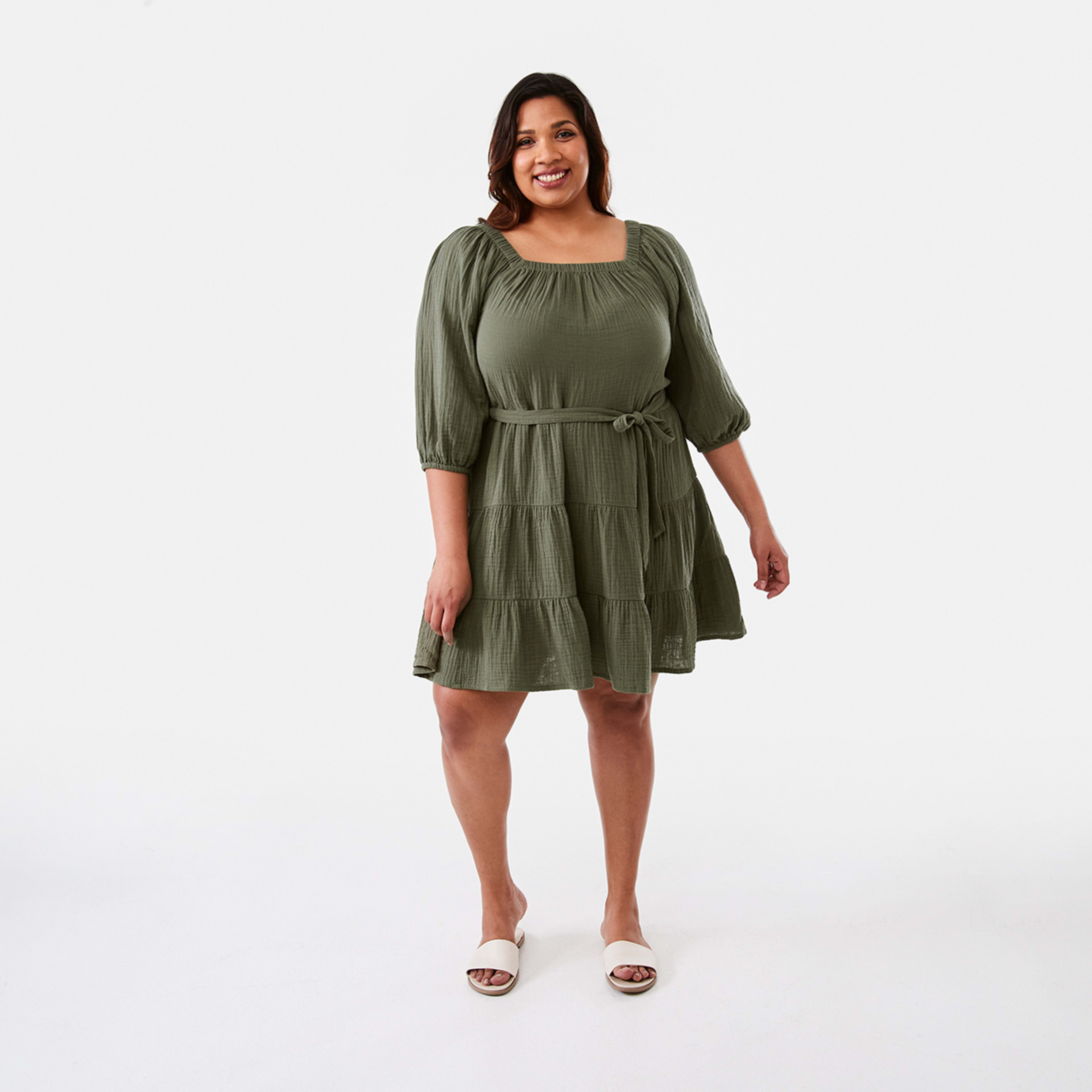 8 Curve Short Sleeve Textured Tiered Mini Dress Olive Leaf, 8 of 8