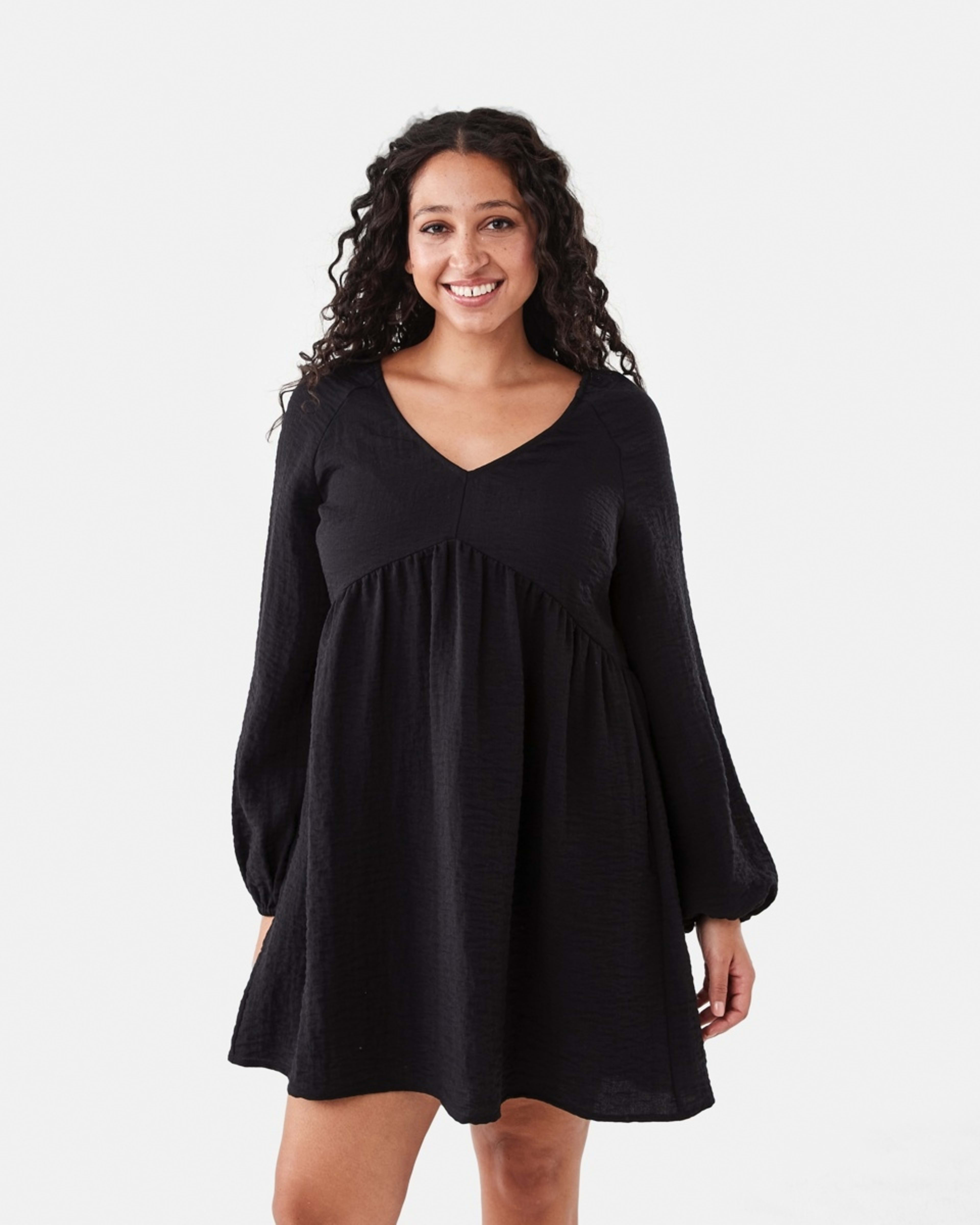 1 Long Sleeve Textured Smock Mini Dress Black