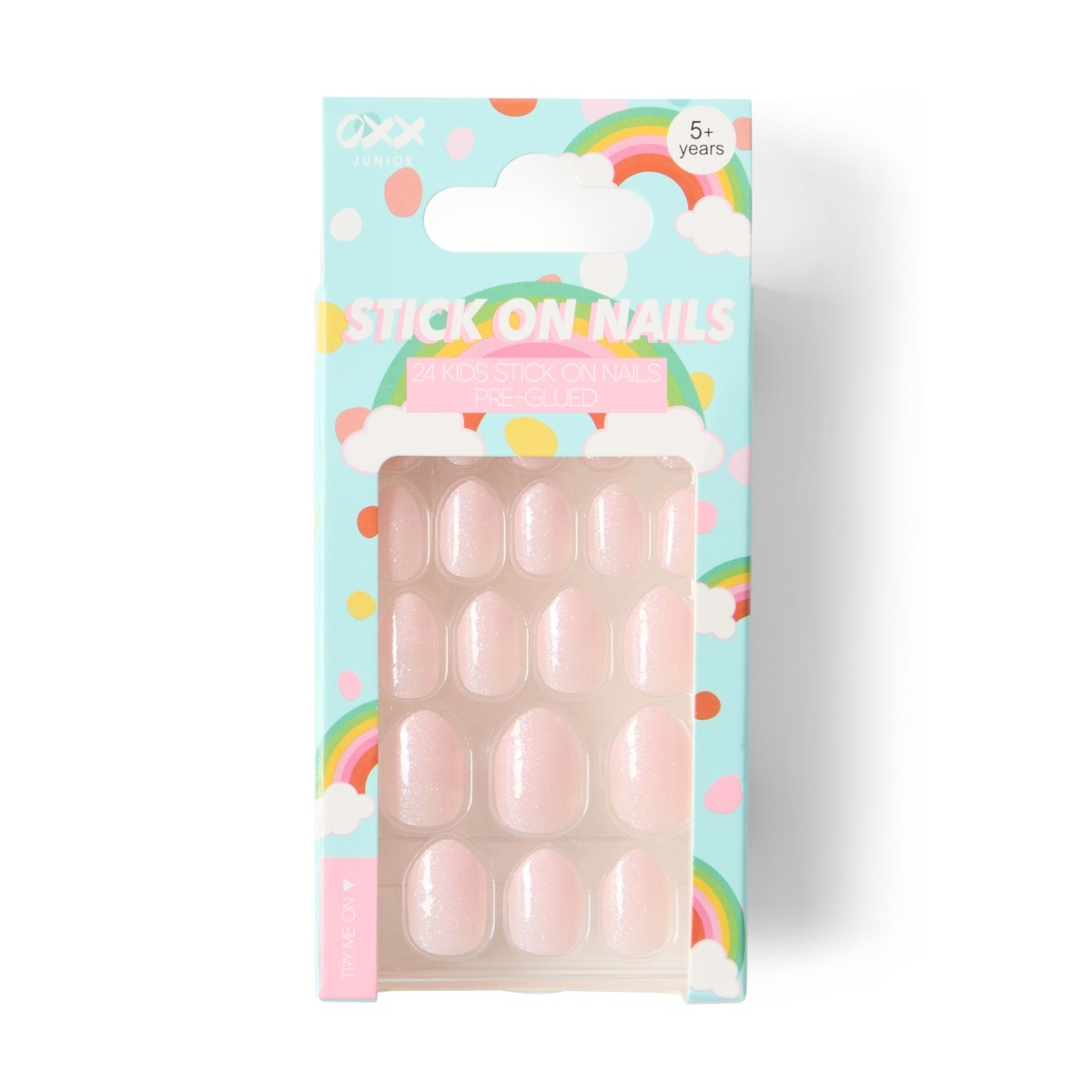 1 OXX Junior 24 Pack Pre-Glued Stick-On Nails - Shimmer, Pink and White
