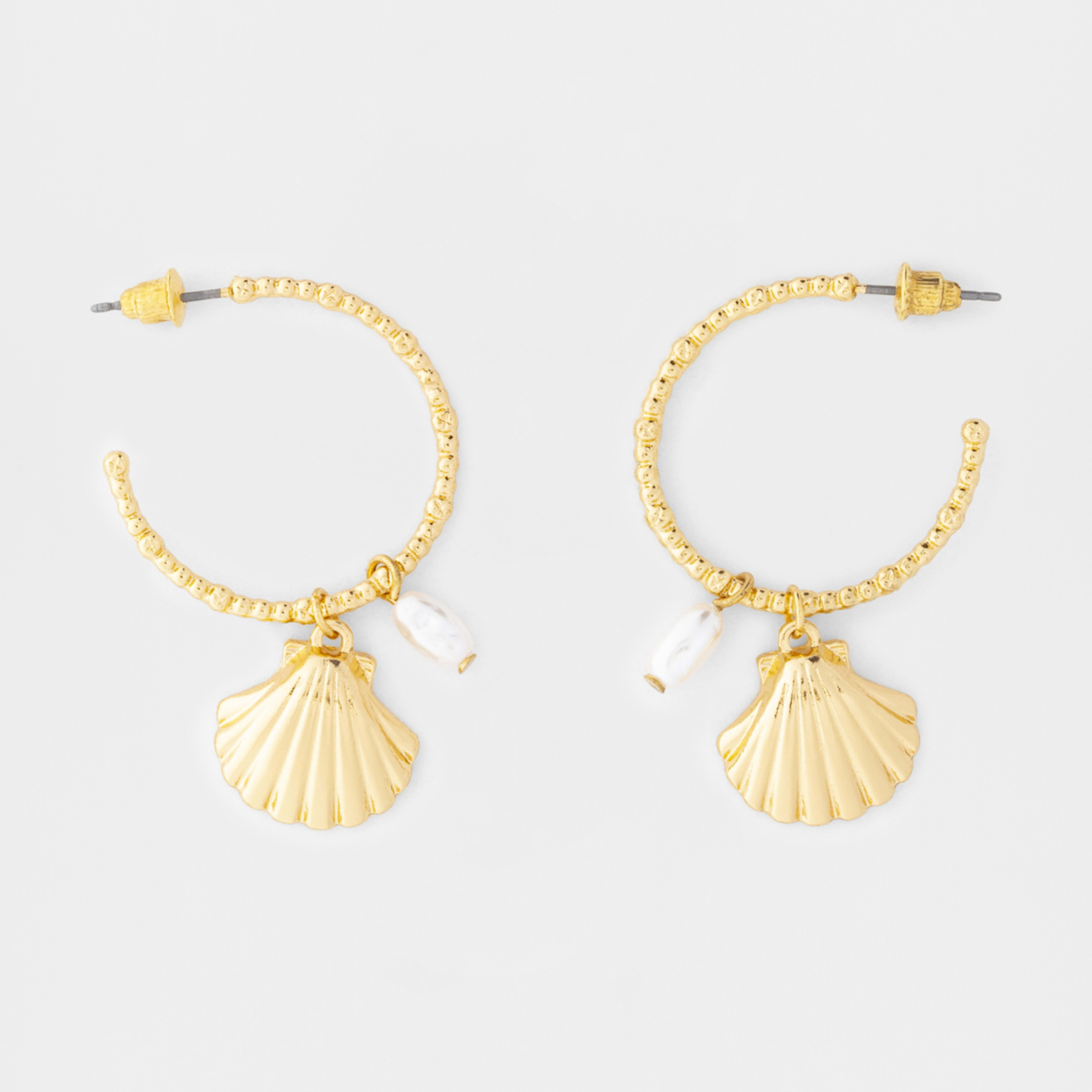 1 Shell Beaded Hoop Earrings - Gold Tone
