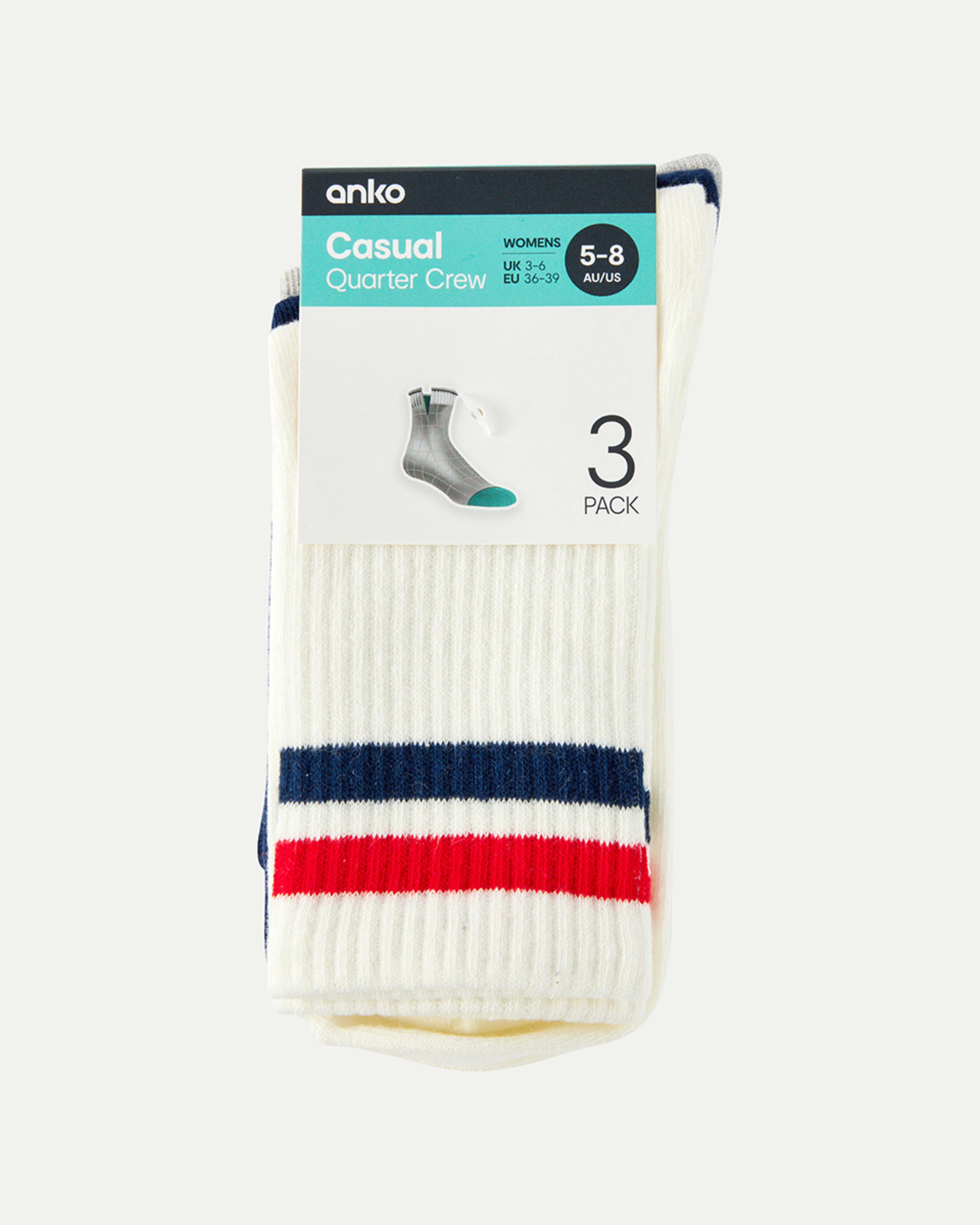 3 3 Pack Rib Quarter Crew Socks Strp Nturl, 3 of 3