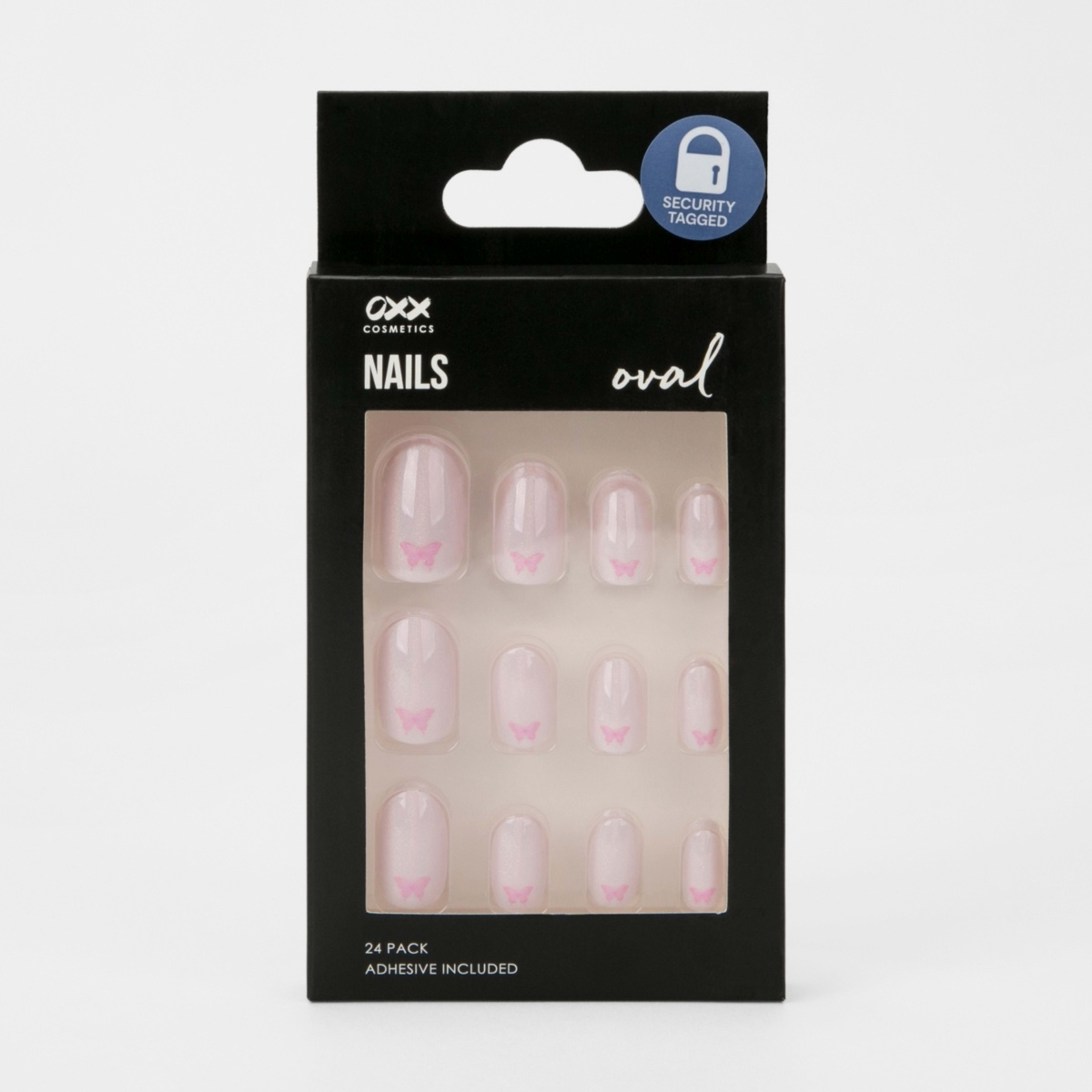 1 OXX Cosmetics 24 Pack False Nails with Adhesive - Oval Shape, Butterfly Shimmer