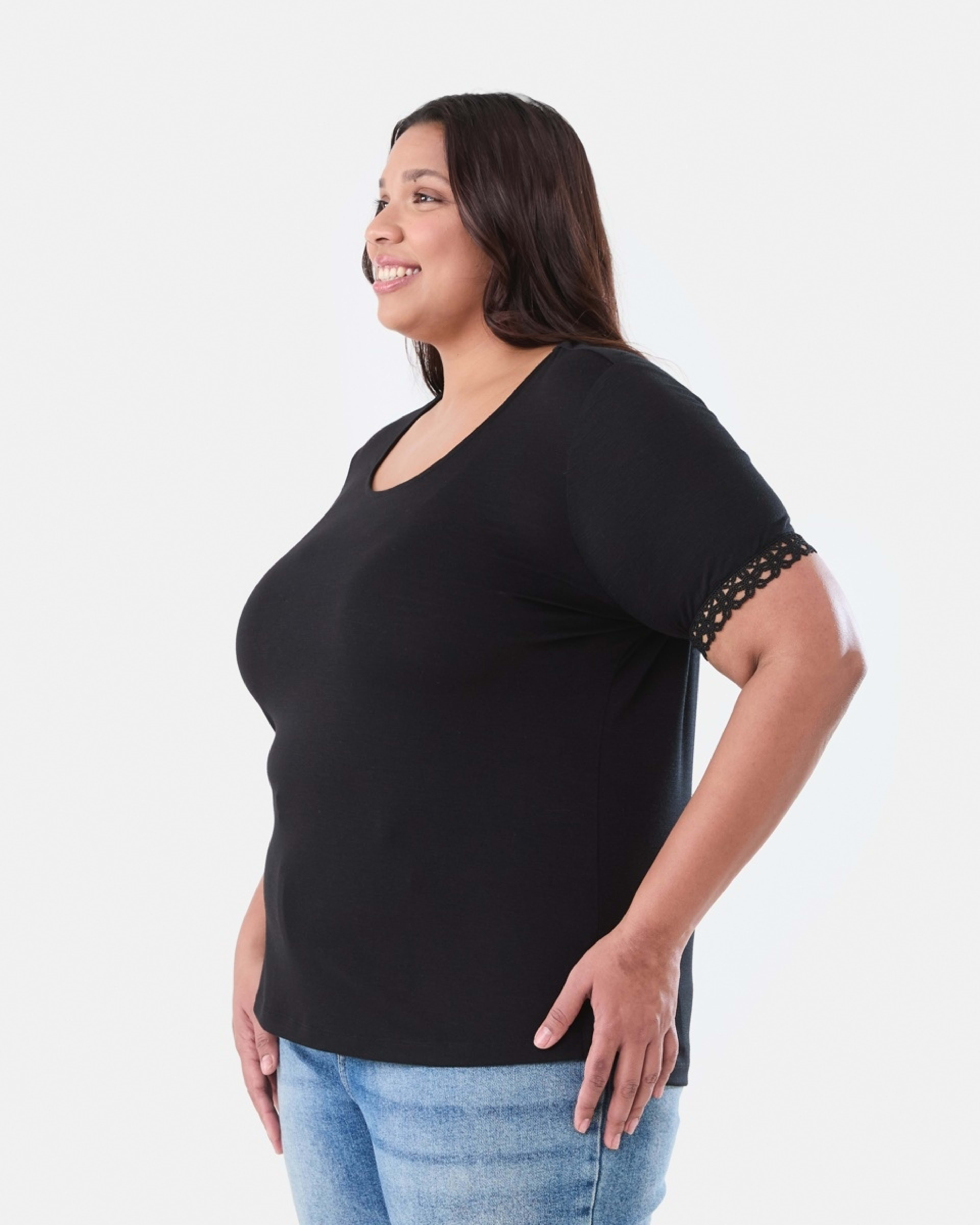 2 Curve Short Sleeve Boho Trim Top BLACK, 2 of 6