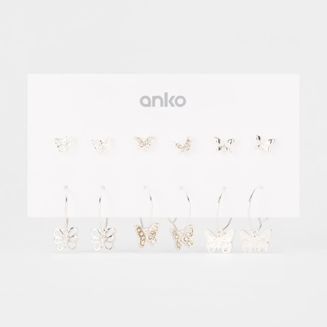 6 Pack Butterfly Stud and Hoop Earrings Silver Tone Kmart