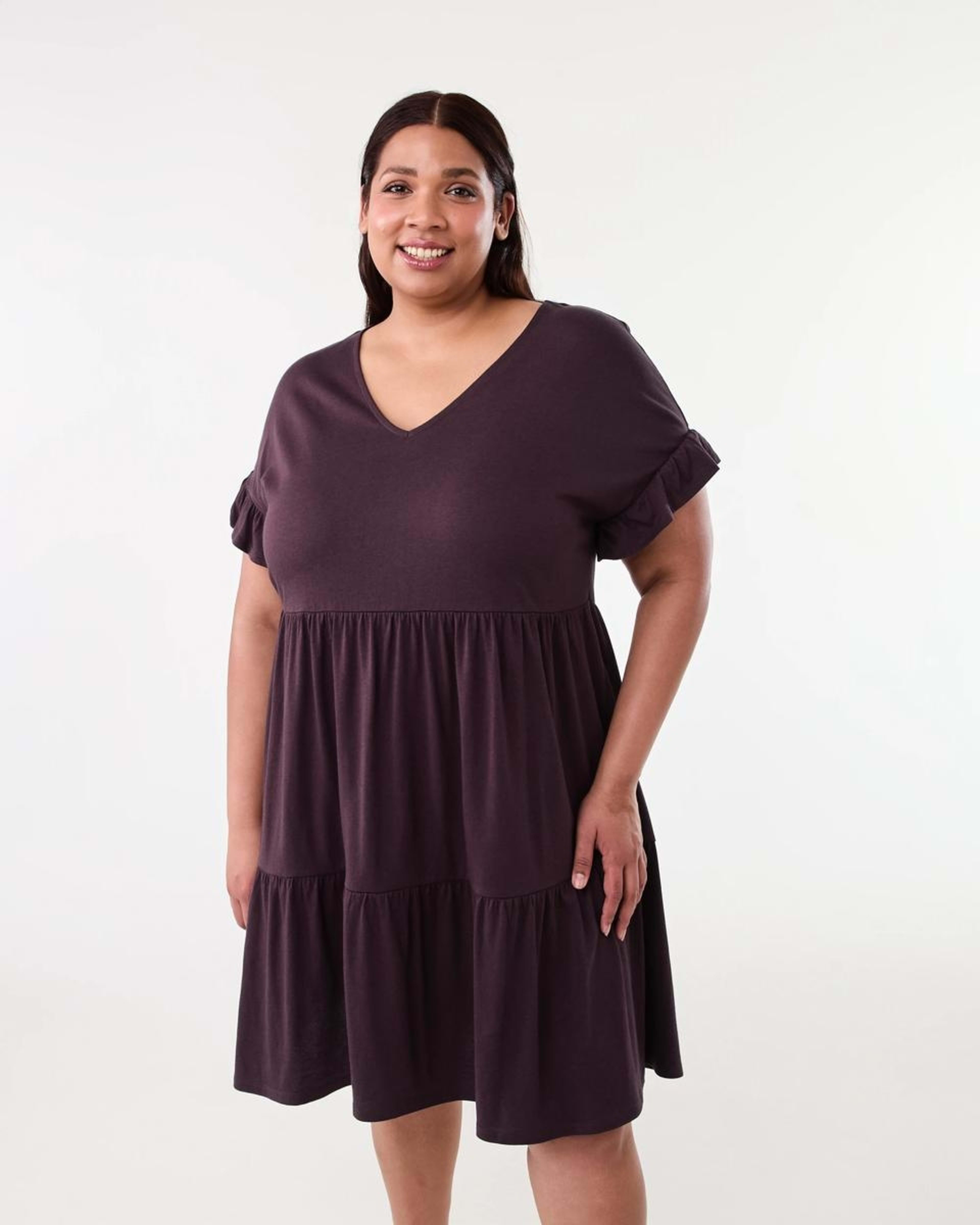 1 Curve Short Sleeve Frill Tier Knit Mini Dress Fudge, 1 of 8