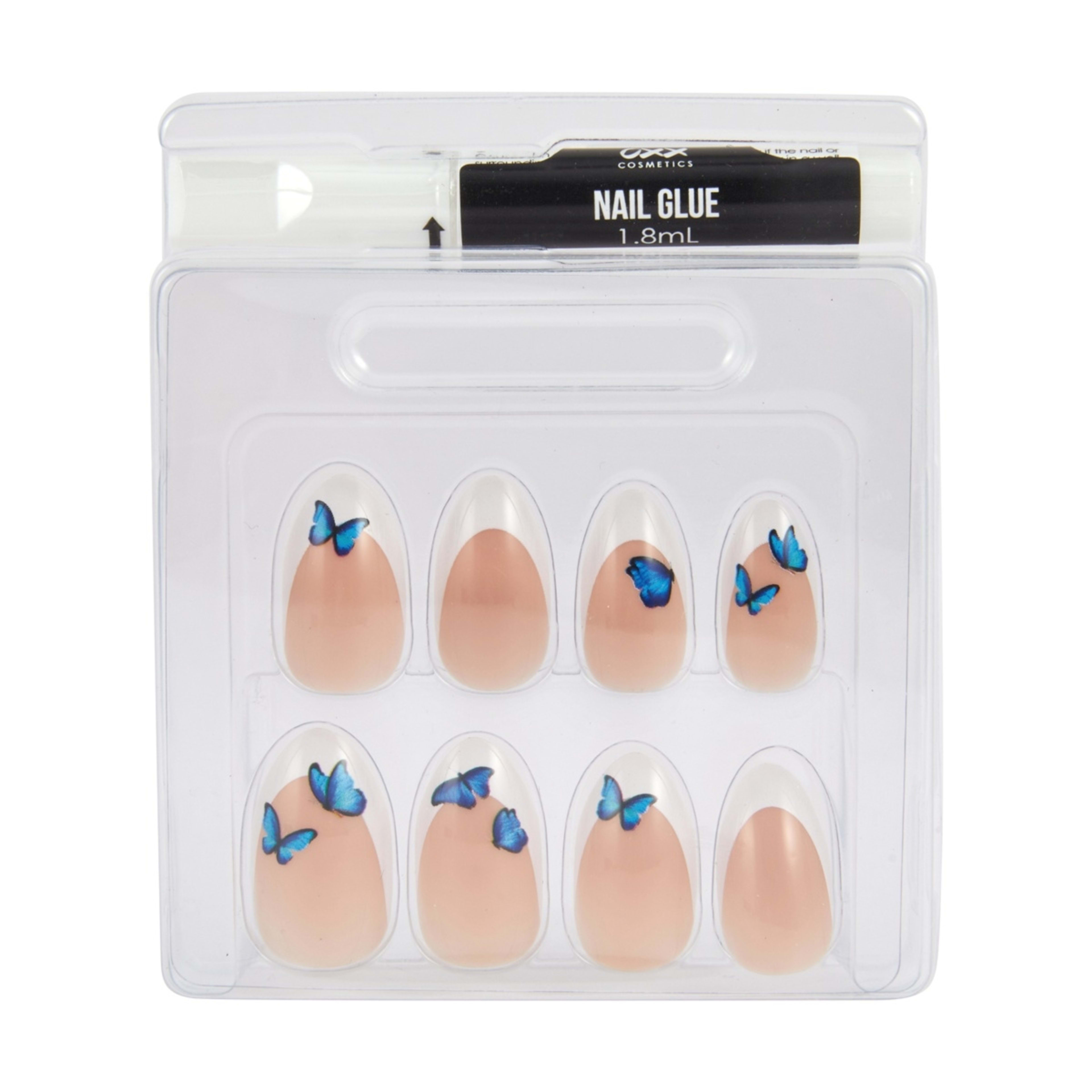 3 OXX Cosmetics 24 Pack Artificial Nails with Adhesive - Almond Shape, French Tip and Blue Butterflies, 3 of 5