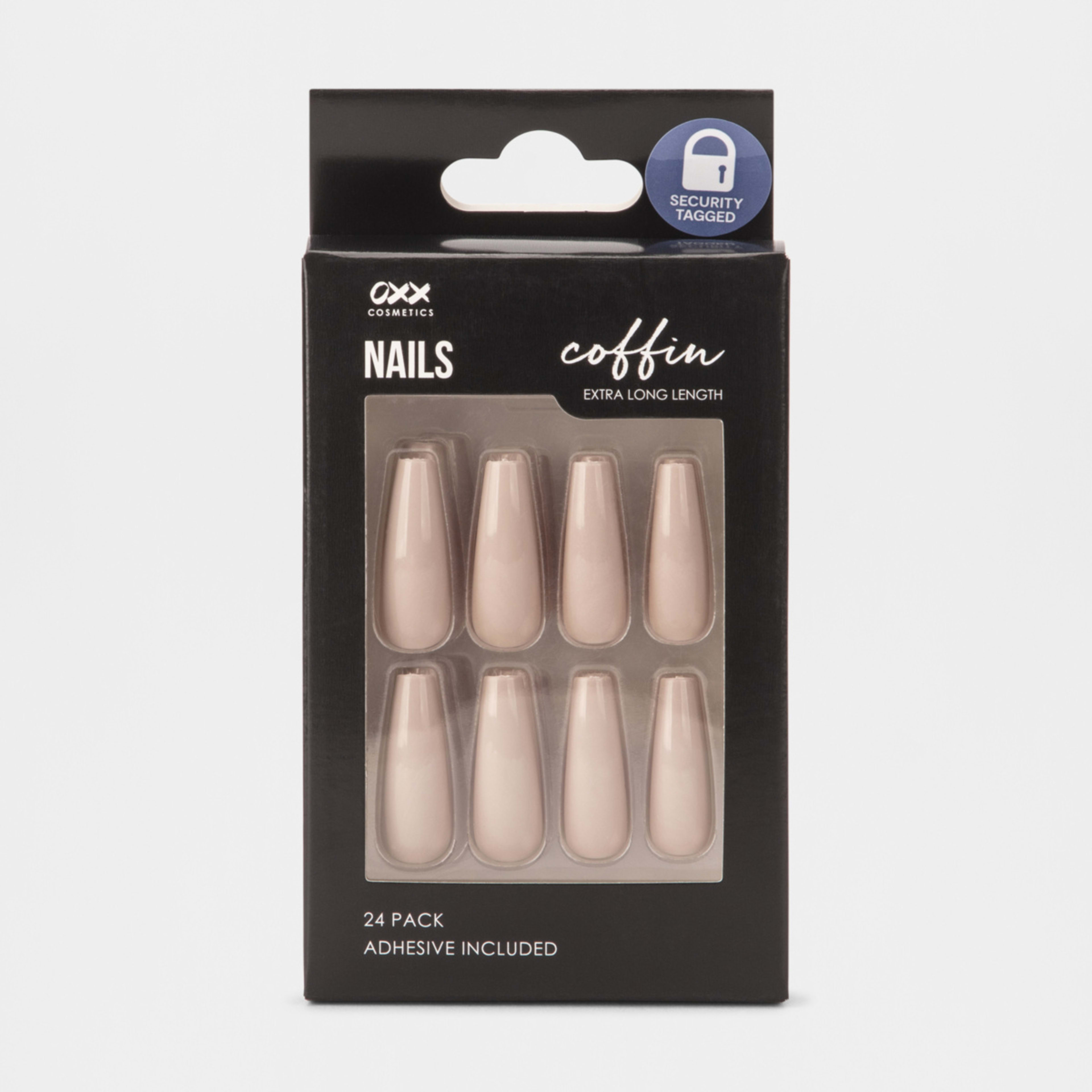 1 OXX Cosmetics 24 Pack False Extra Length Nails with Adhesive - Coffin Shape, Mushroom, 1 of 5